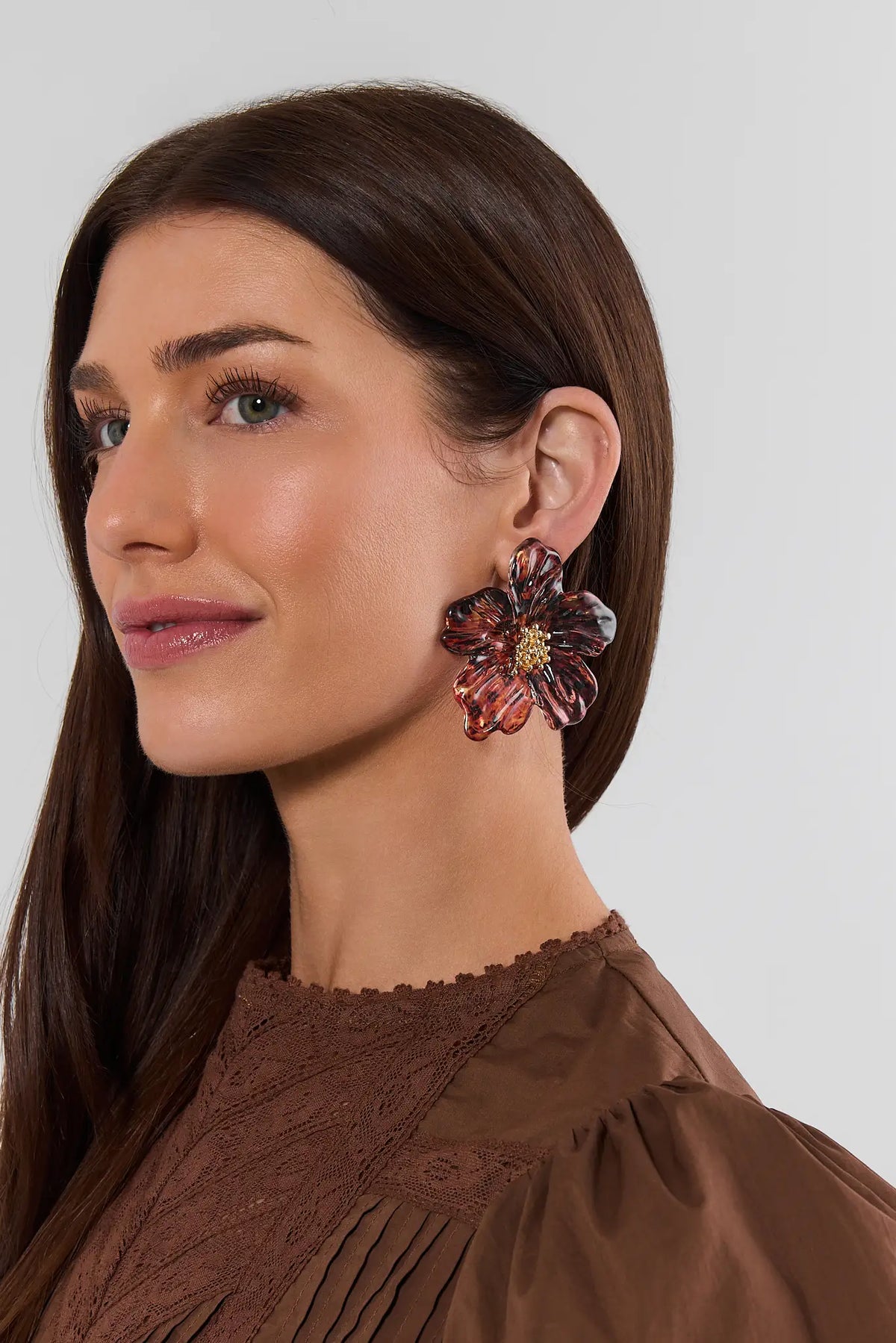 Brown Tortoise Flower Stud Earrings - On Model Side Profile | Avara
