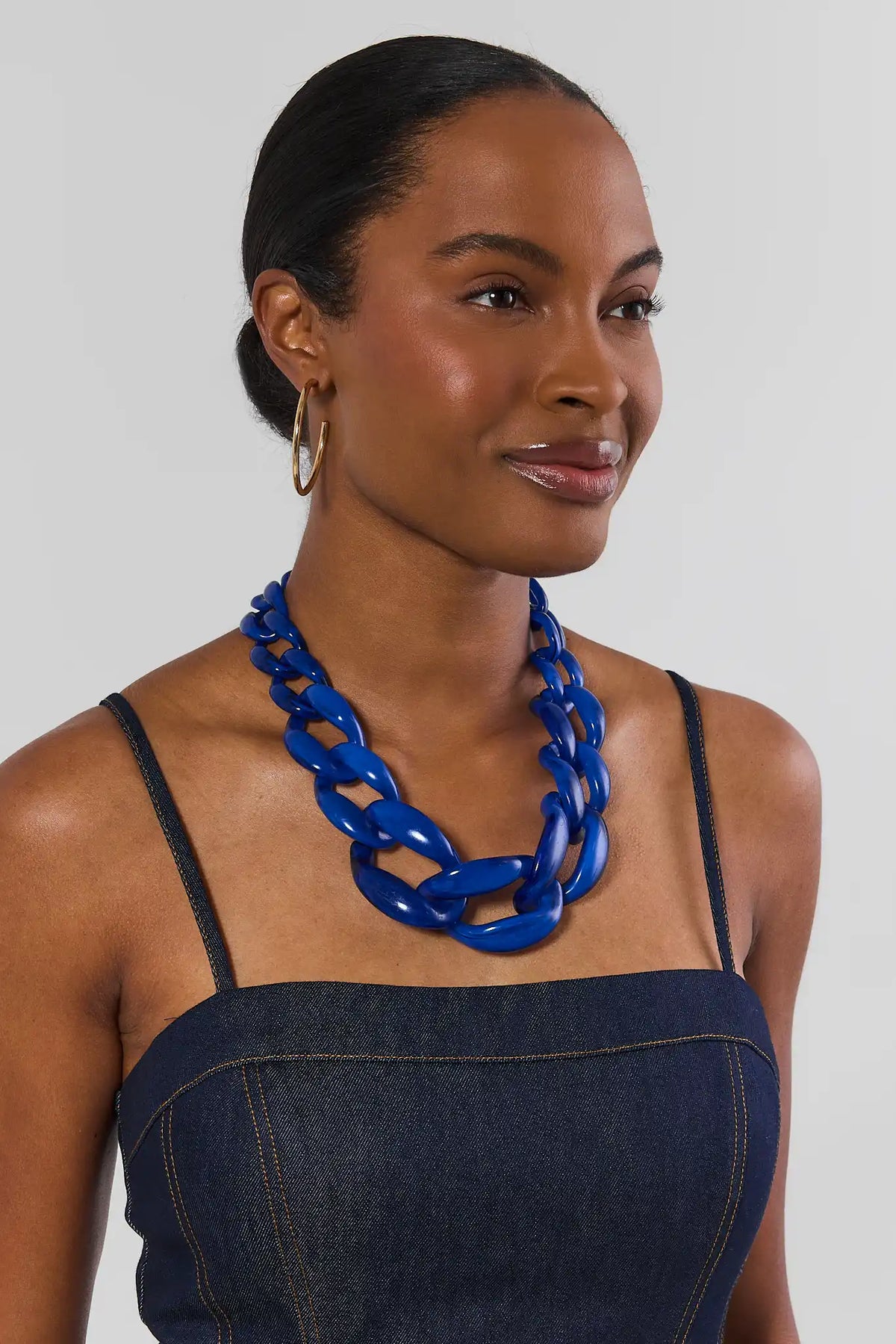 Blue Chunky Acrylic Chain Necklace - On Model Layered Double Strand with Denim Top | Avara