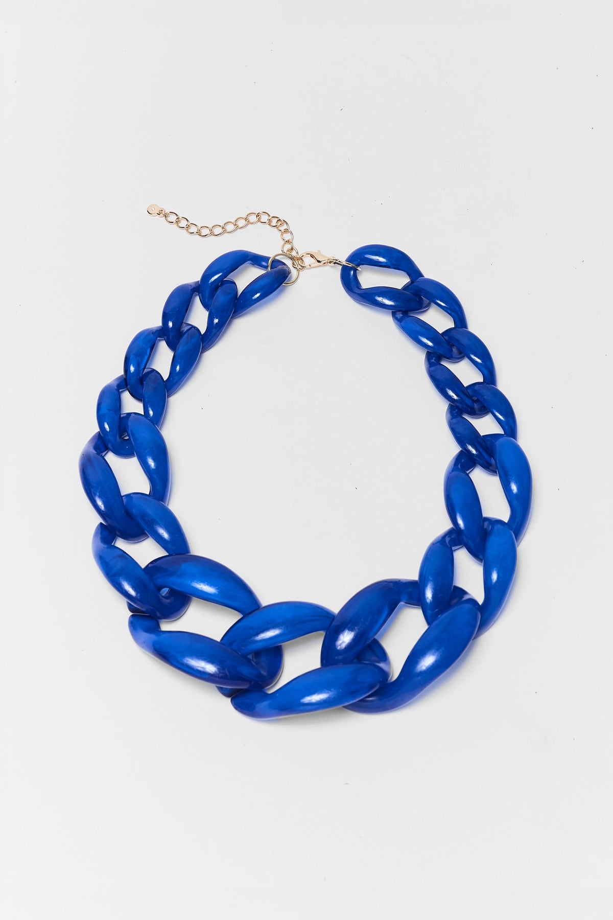 Royal Blue Chunky Acrylic Chain Necklace - Flat Lay with Gold Lobster Clasp | Avara