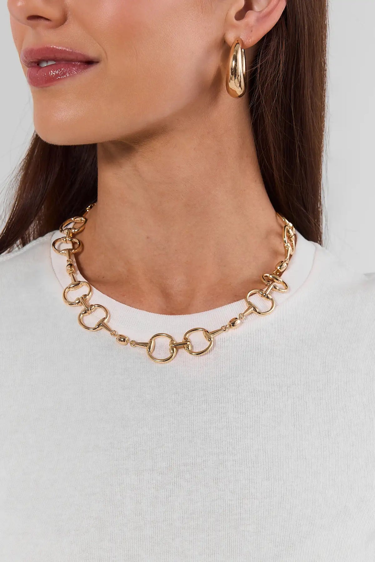 Gold Horsebit Chain Necklace On Model with Gold Hoop Earrings - Styled Look | Avara