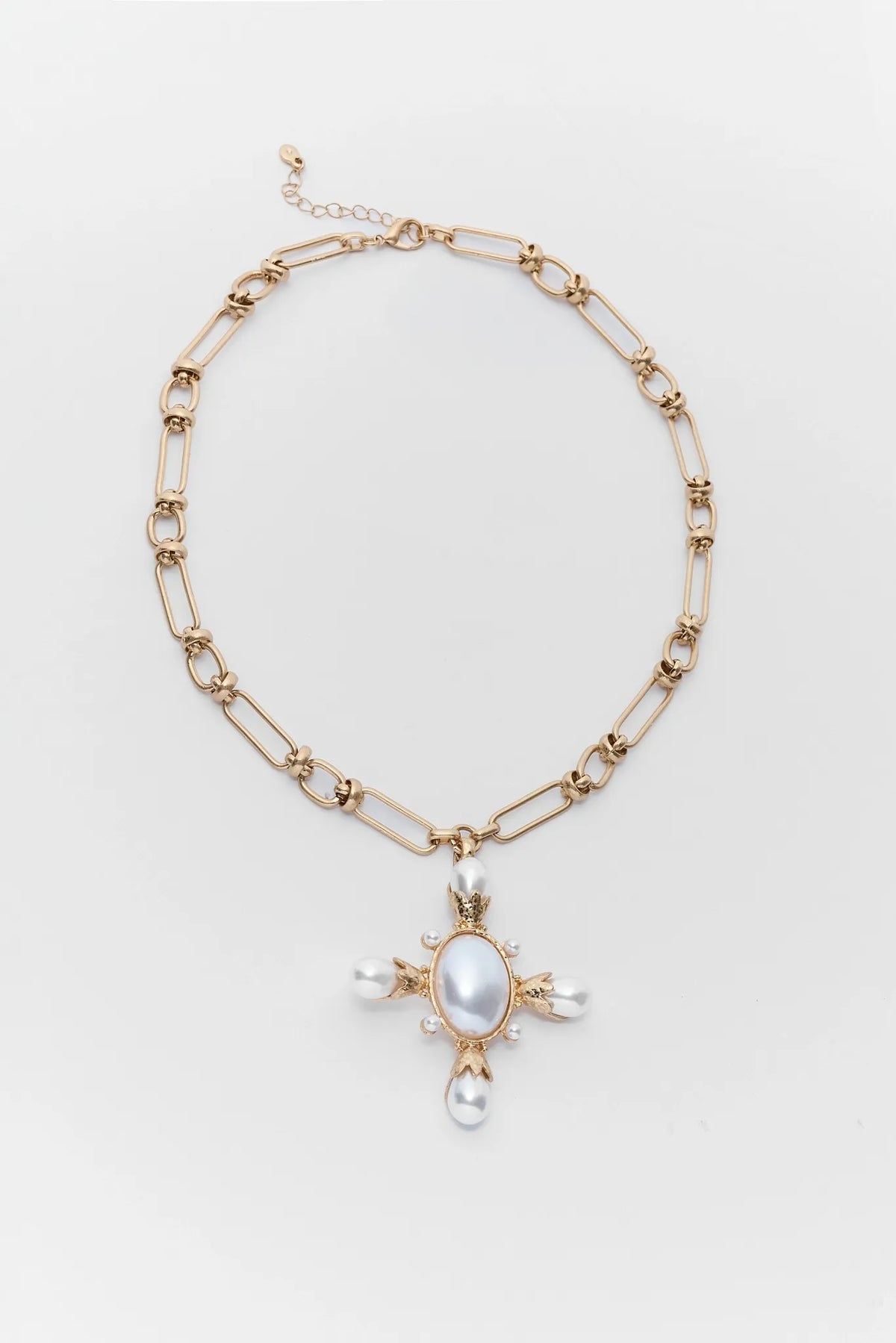 Gold Pearl Cross Pendant Necklace - Flat Lay, Full Length | Avara