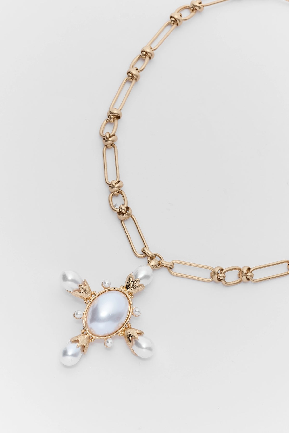 Gold Pearl Cross Pendant Necklace - Close-Up Pendant Detail, Link Chain | Avara