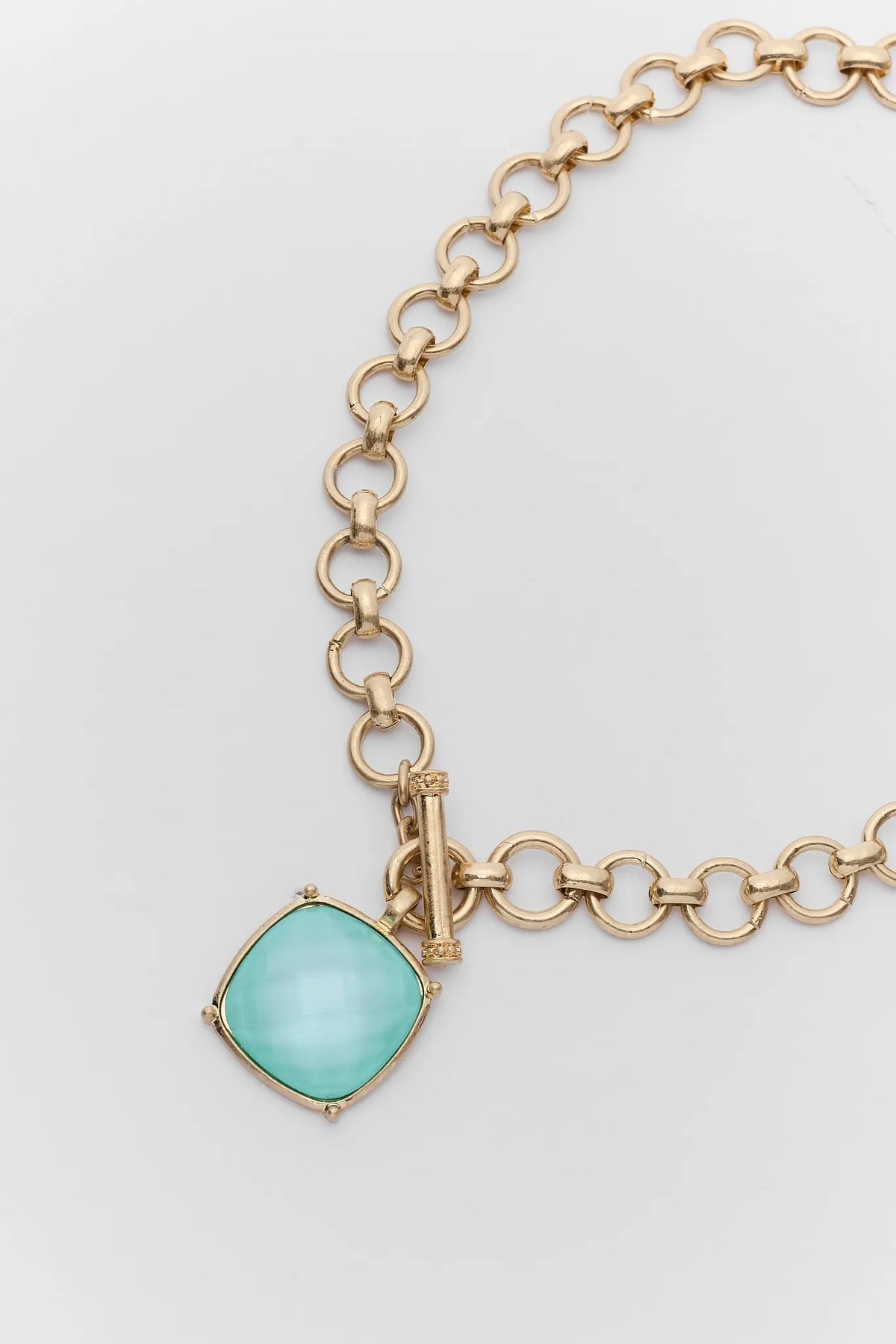 Gold Chain Toggle Clasp and Mint Green Faceted Stone Pendant - Close-Up Detail | Avara