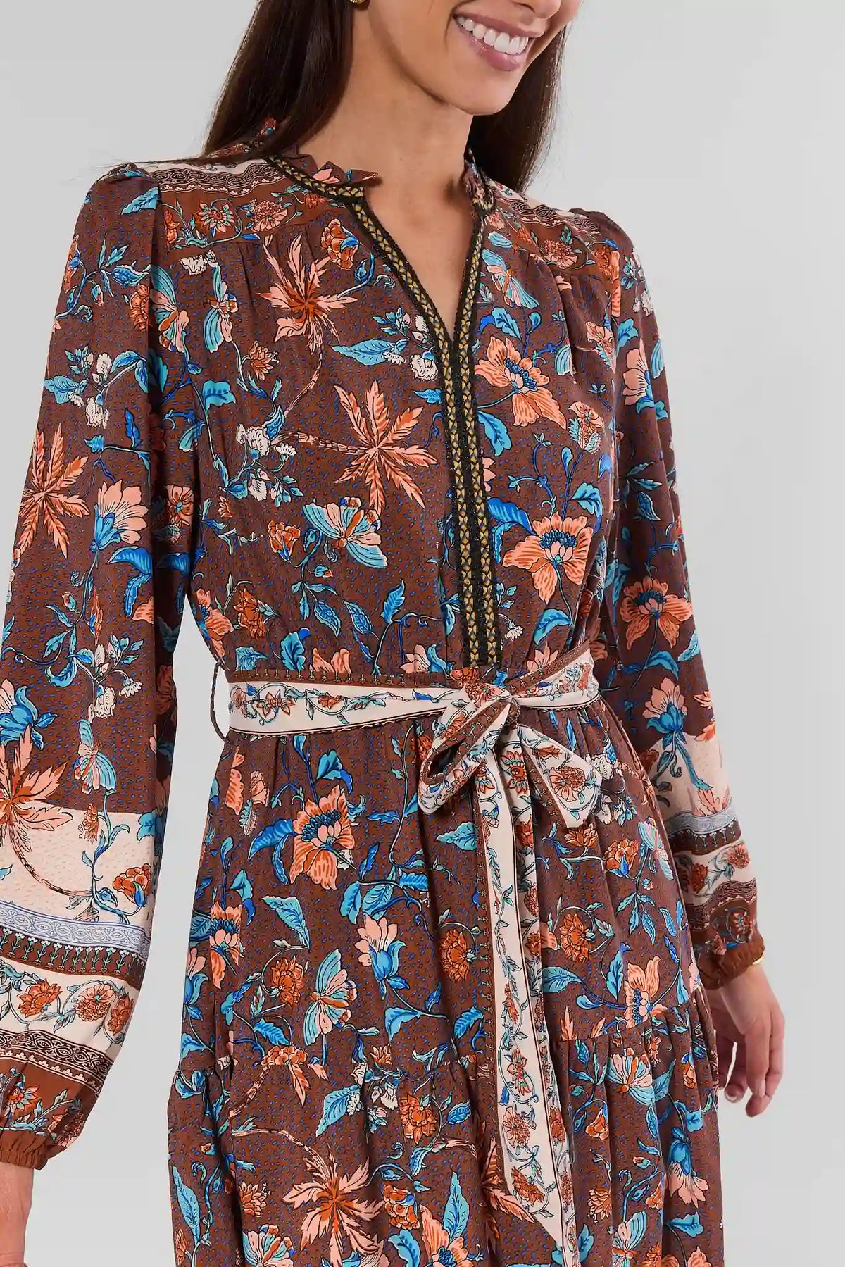 Brown Floral Printed Midi Dress - Bodice & Tie Belt Close-Up | Avara