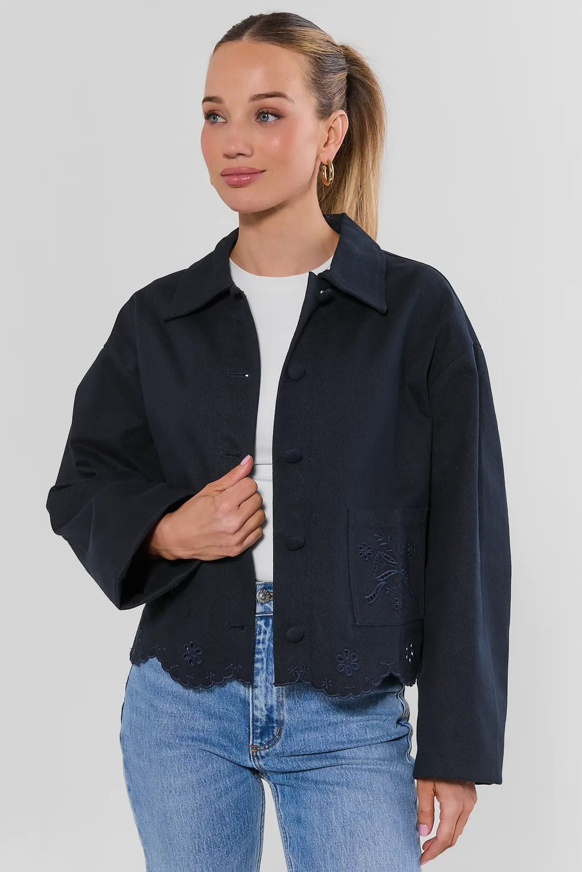 Navy Cotton Eyelet Scalloped Hem Jacket - Front View On Model | Avara