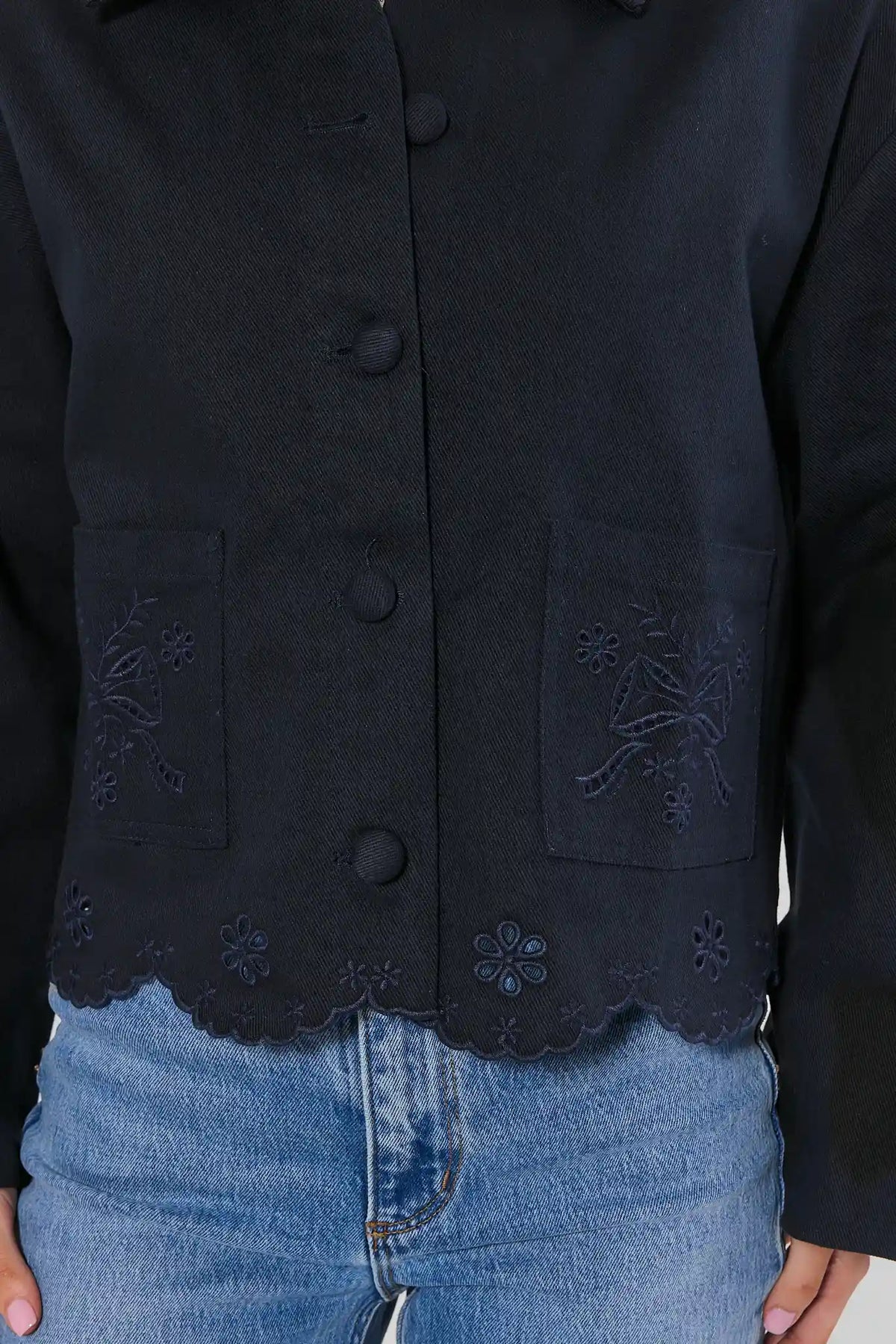 Navy Cotton Jacket - Eyelet Floral Hem and Button Front Close-Up | Avara