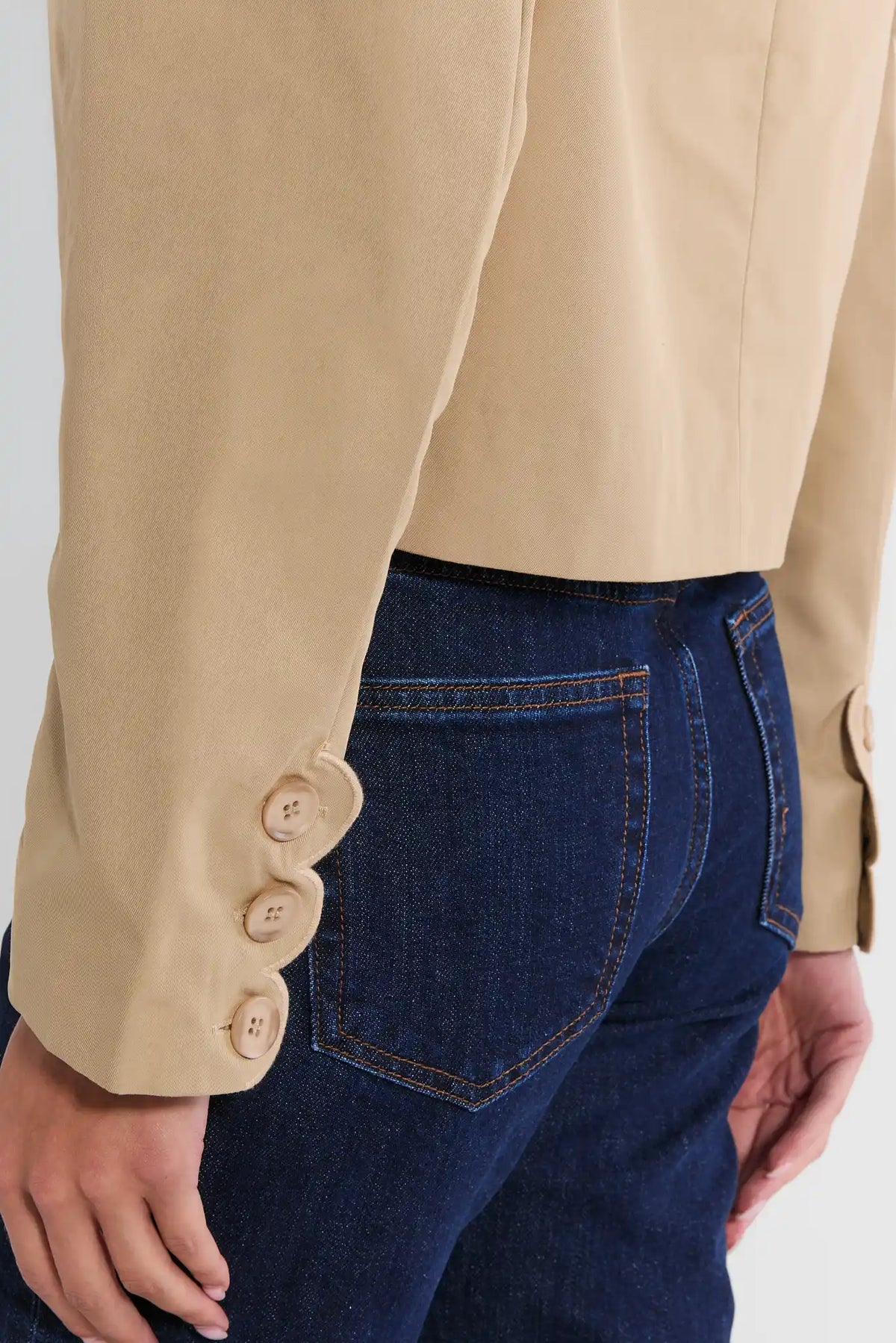 Tan Scalloped Jacket - Sleeve Cuff & Button Detail Close-Up | Avara