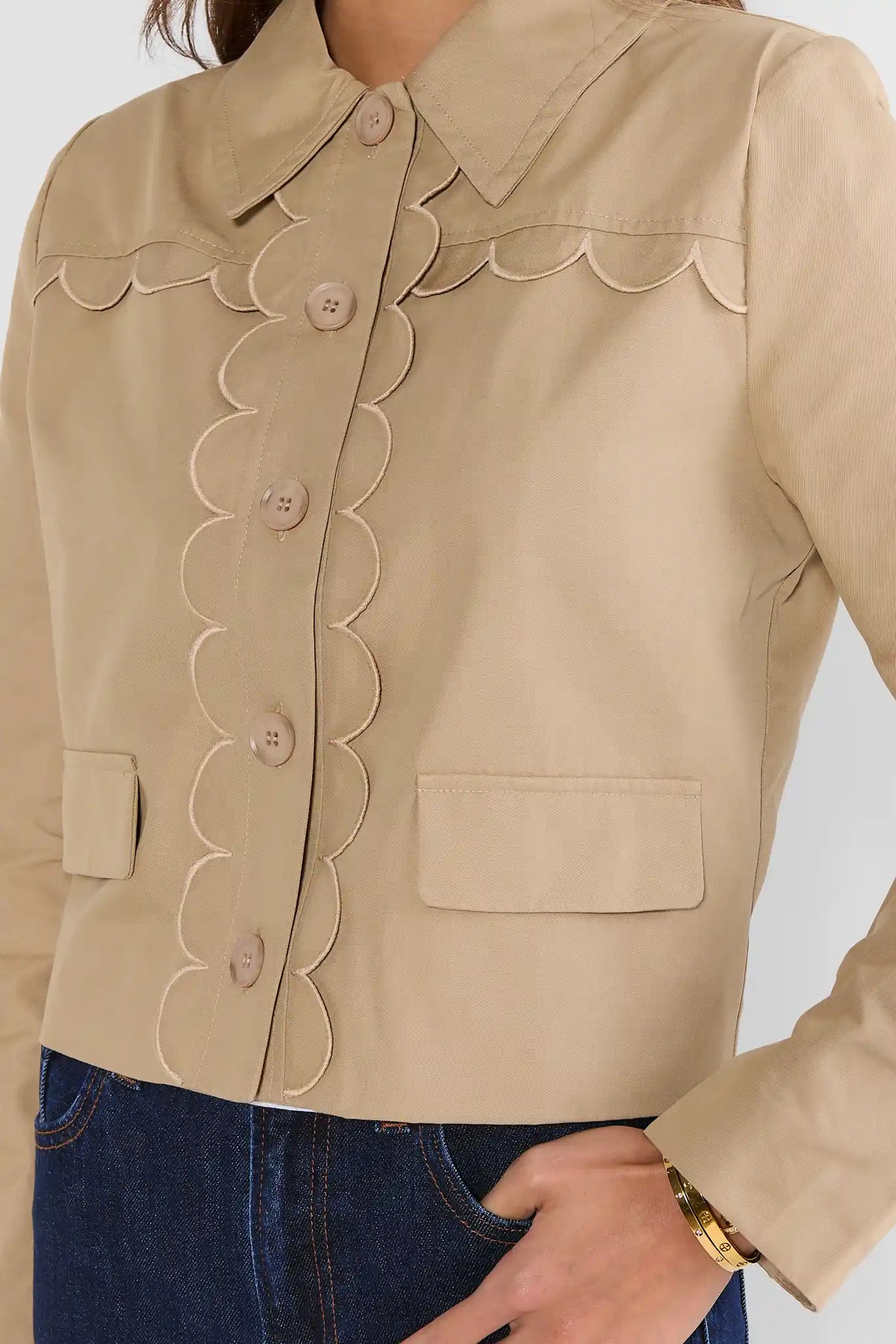 Tan Cotton Scalloped Jacket - Scallop & Button Close-Up Detail | Avara