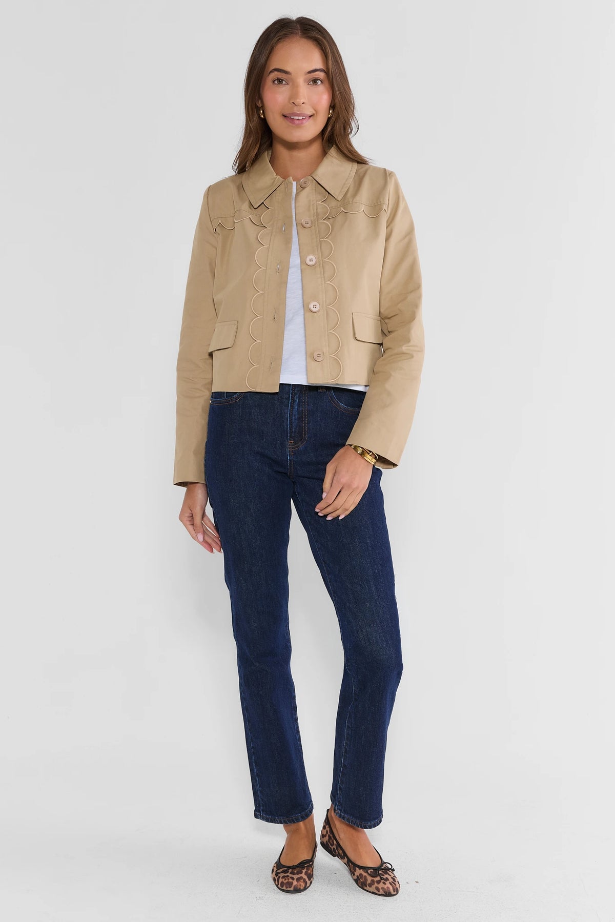 Tan Scalloped Detail Jacket Styled With Dark Denim - Full Length On Model | Avara