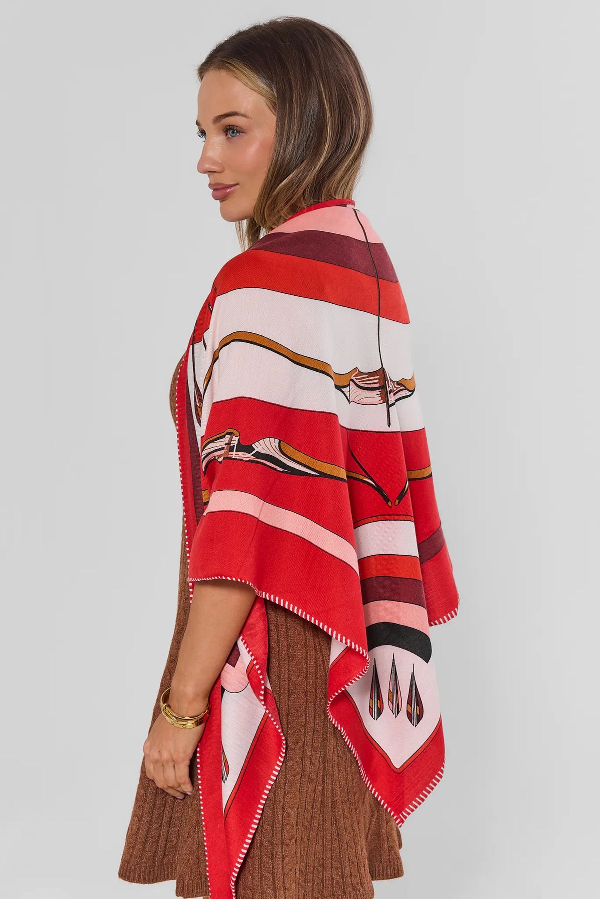 Red Printed Cashmere Blend Wrap - Side View on Model, Fall Accessory Styling | Avara
