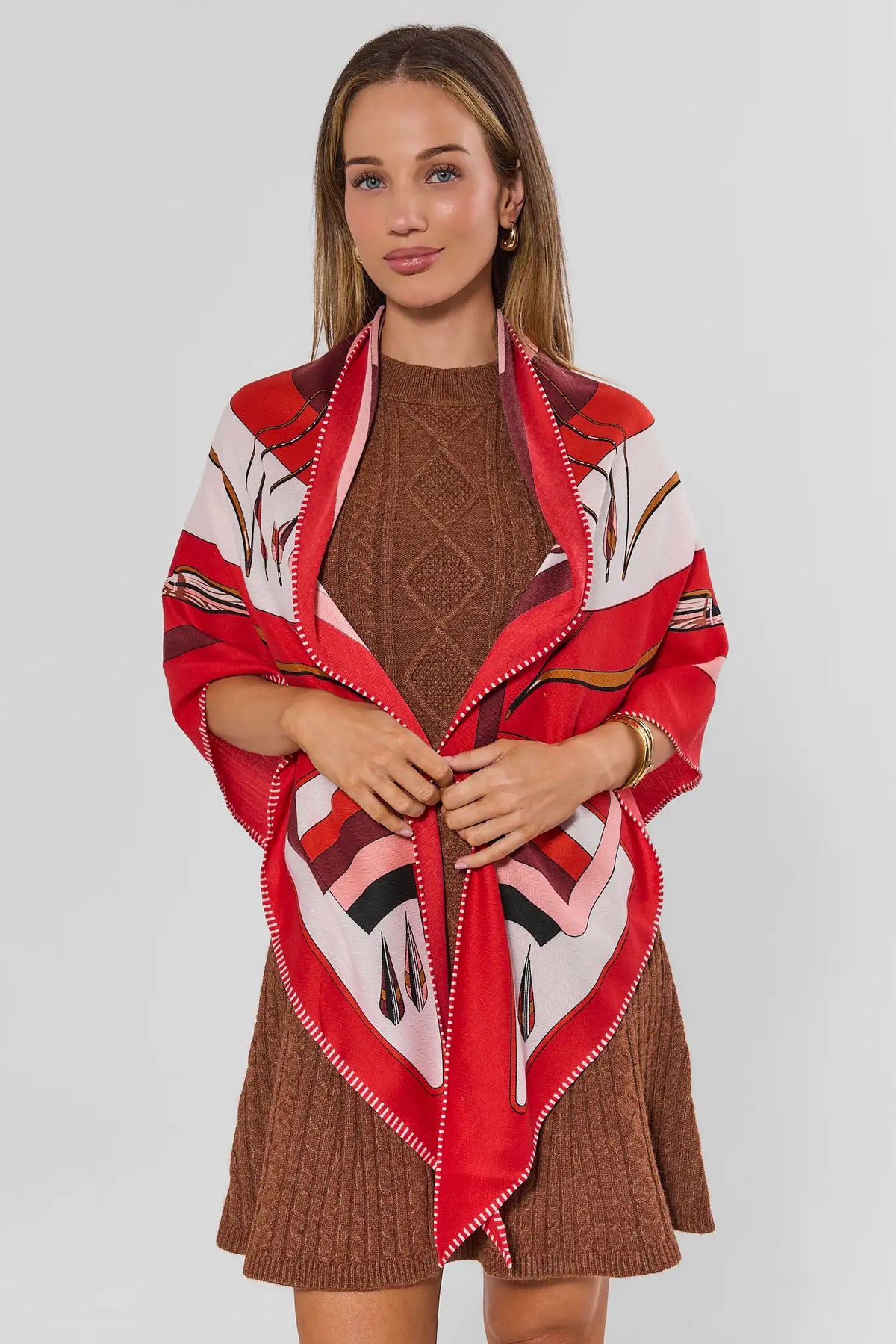 Red Arrow Print Cashmere Blend Wrap - On Model Front View, Styled Over Brown Sweater | Avara