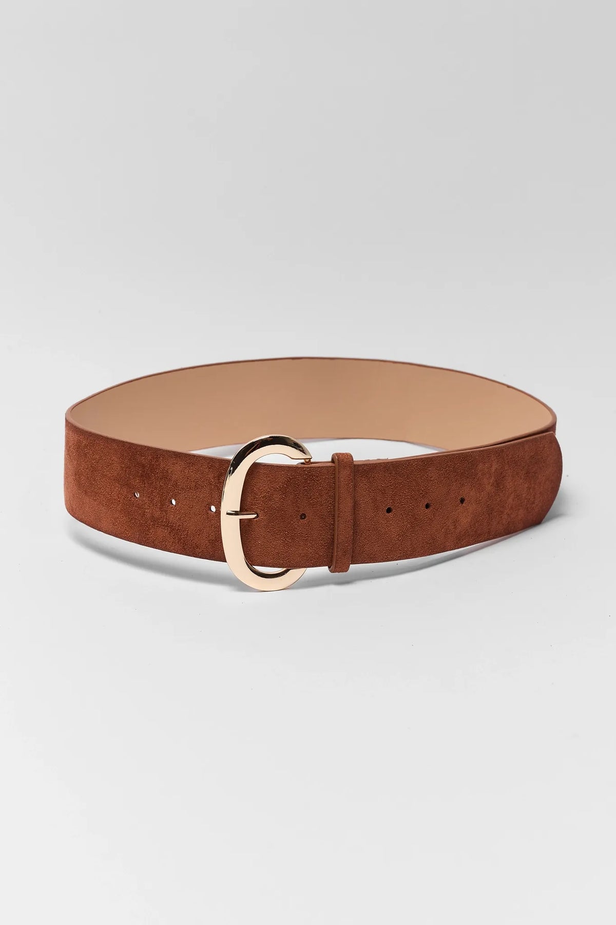 Brown Faux Suede Wide Belt with Gold Oval Buckle - Flat Lay | Avara