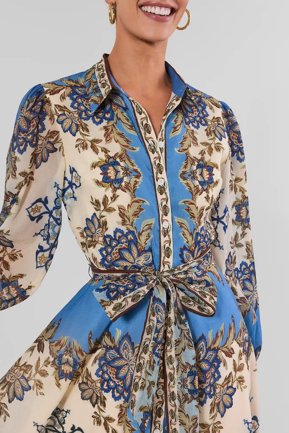 Blue Floral Multi Border Print Midi Dress - Button Front & Tie Waist Close-Up Detail On Model | Avara