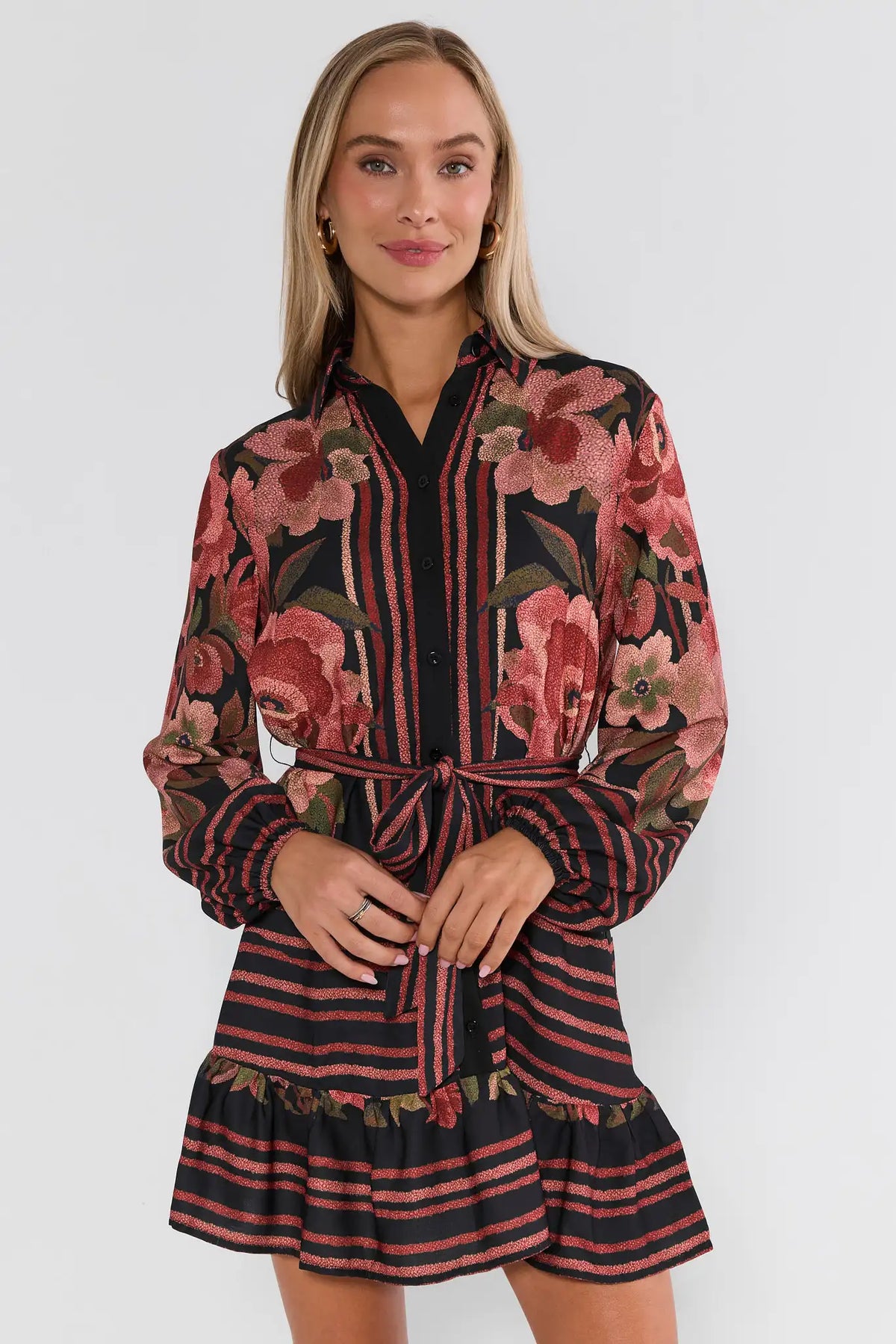 Black Floral Printed Collared Short Dress - Front View On Model | Avara