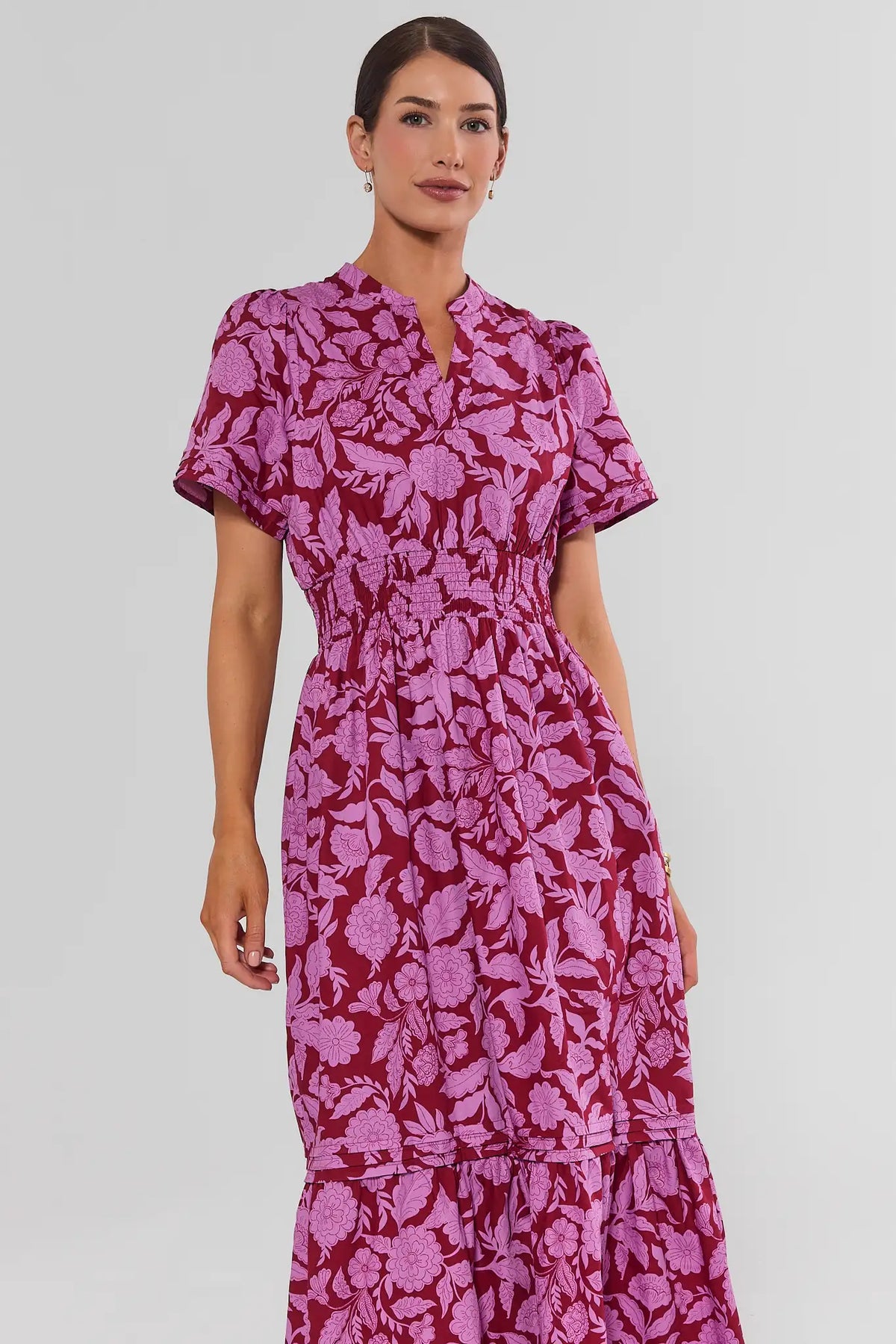 Burgundy Floral Print Cotton Maxi Dress - Front Crop View, Smocked Waist | Avara