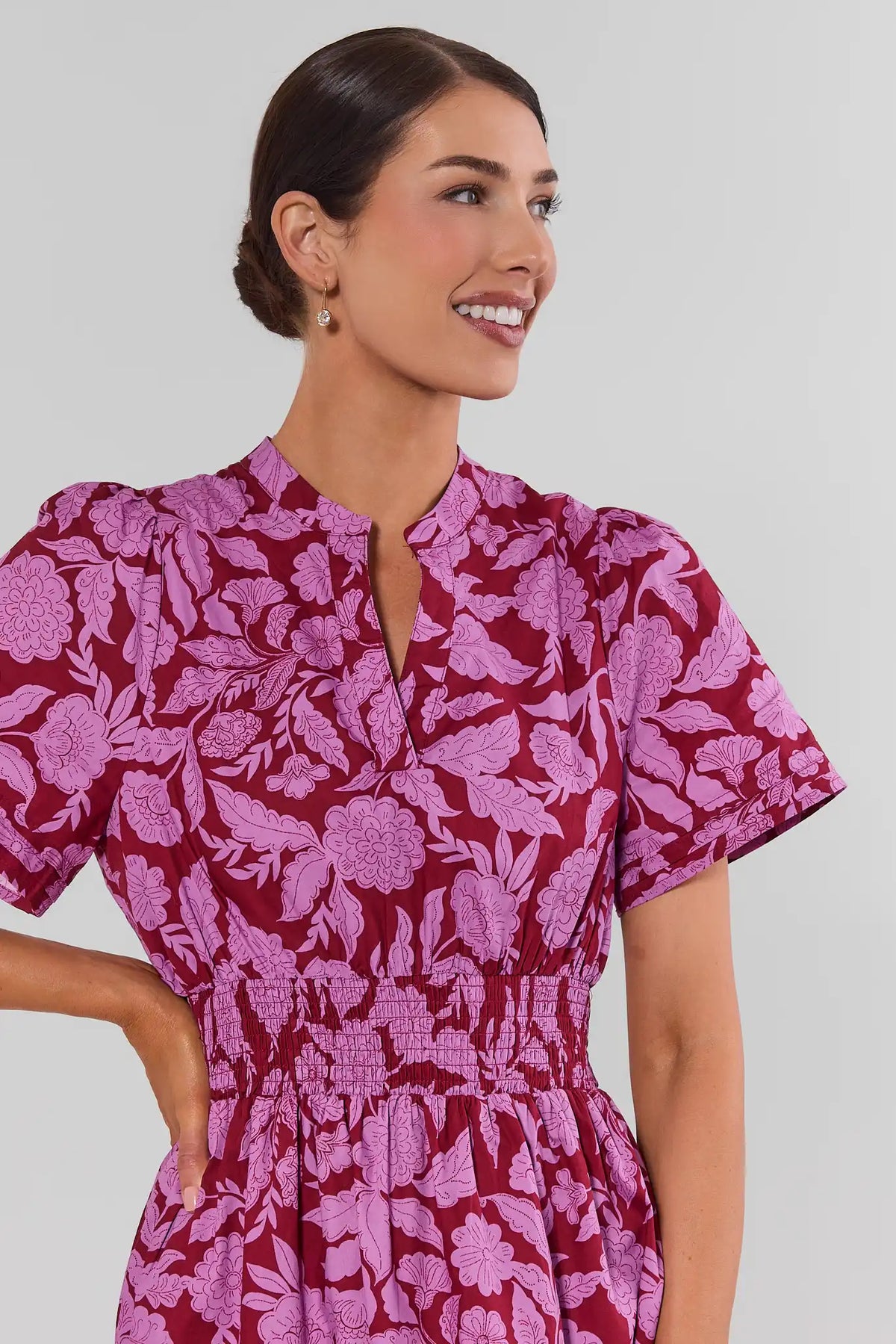 Burgundy Floral Maxi Dress - Neckline & Smocked Waist Detail Close-Up | Avara