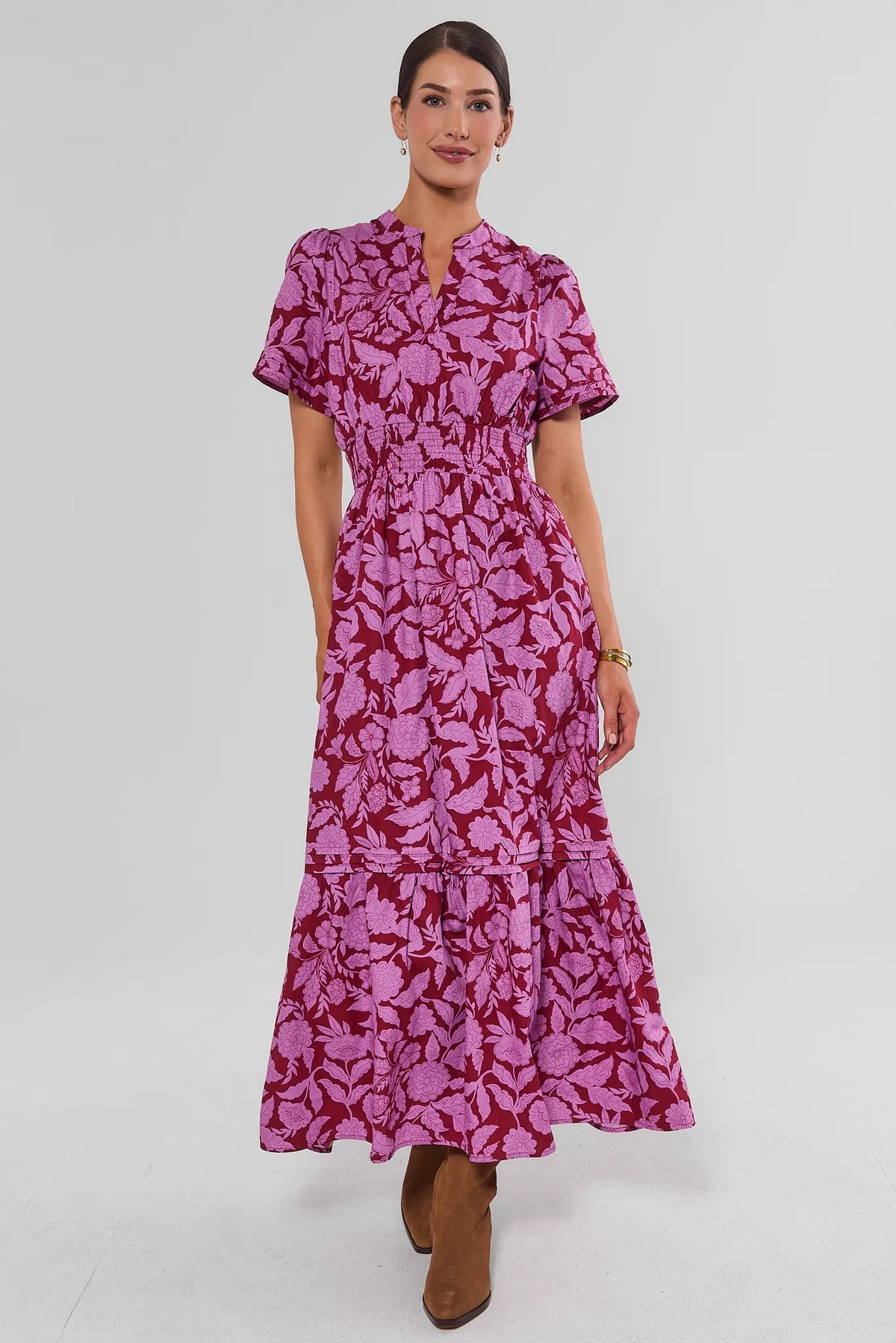 Burgundy Floral Print Maxi Dress - Full Front View, Styled with Ankle Boots | Avara