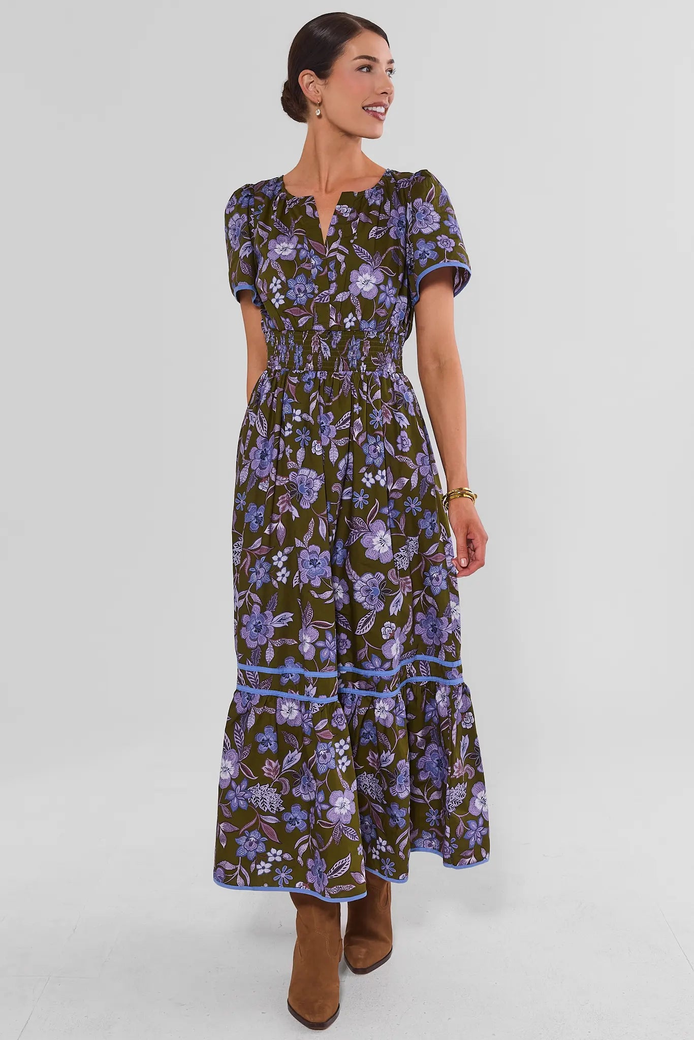 Olive Floral Cotton Maxi Dress - Full Front View Styled with Tan Ankle Boots | Avara