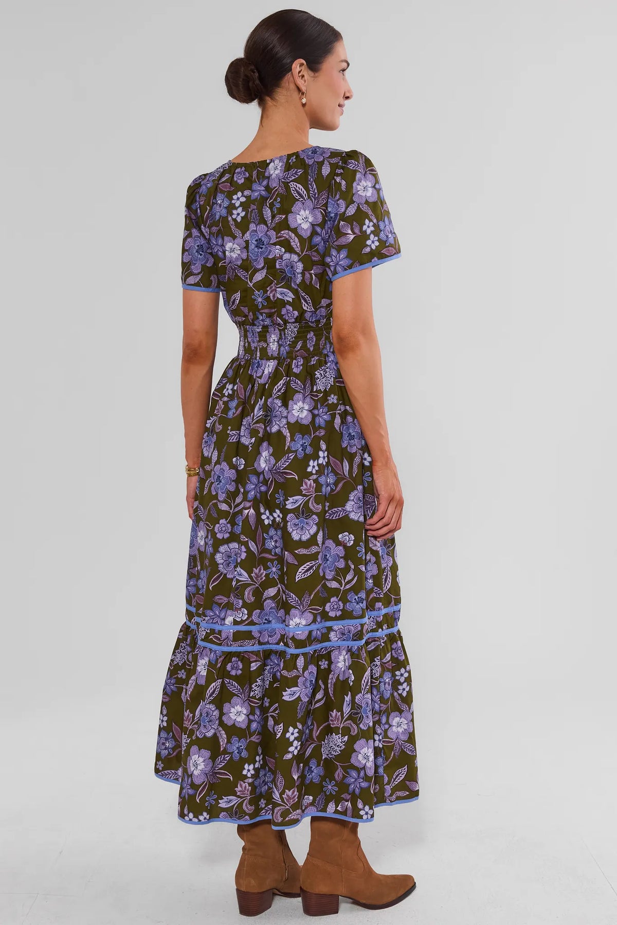 Olive Floral Maxi Dress - Back View with Tiered Hem & Blue Trim Detail | Avara