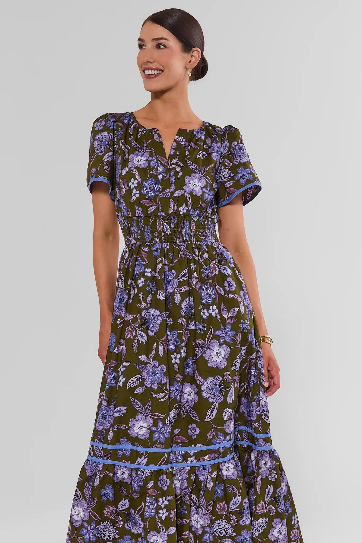 Olive Floral Cotton Maxi Dress - Front Three-Quarter View, Smocked Waist | Avara