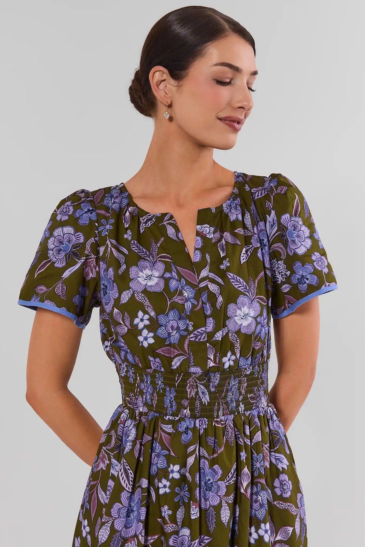 Olive Floral Print Maxi Dress - Neckline & Smocked Waist Close-Up Detail | Avara