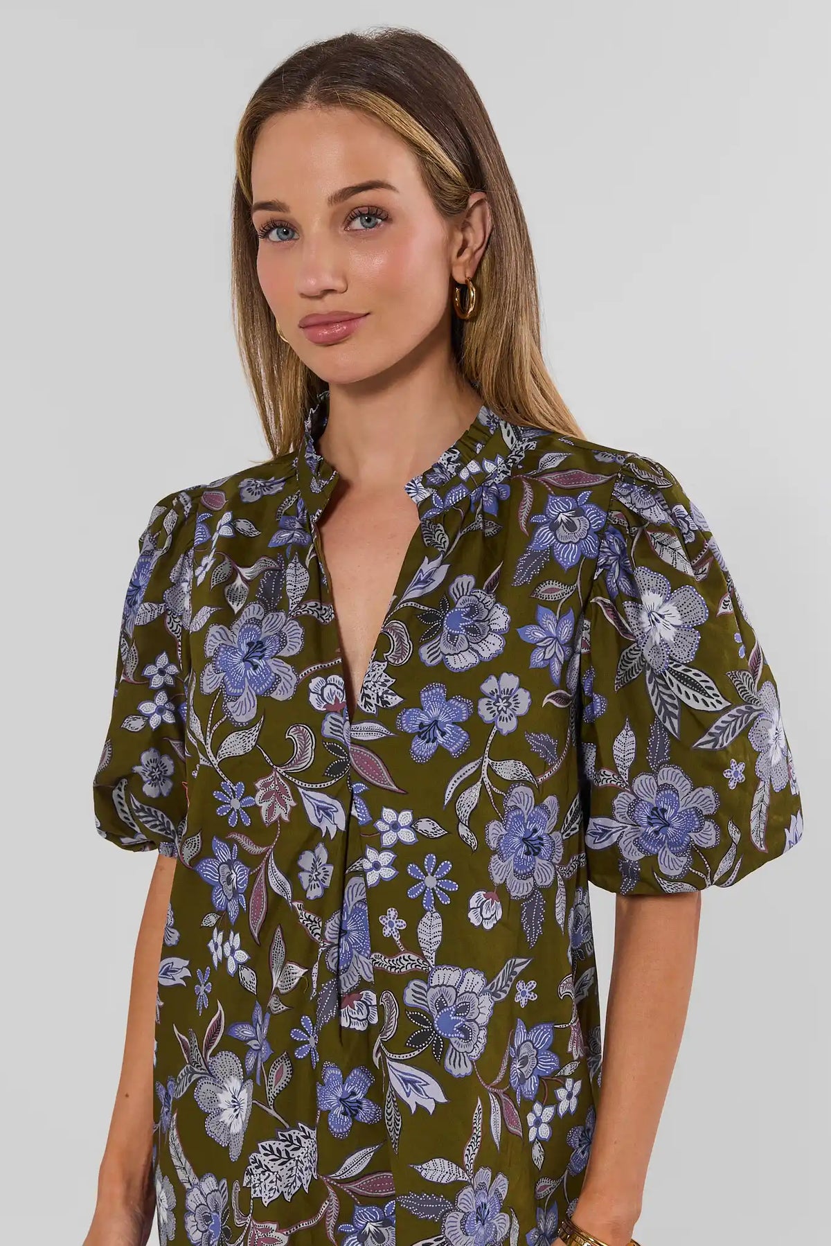 Olive Floral Print Short Dress, Ruffle Neckline Detail - Close-Up Front | Avara