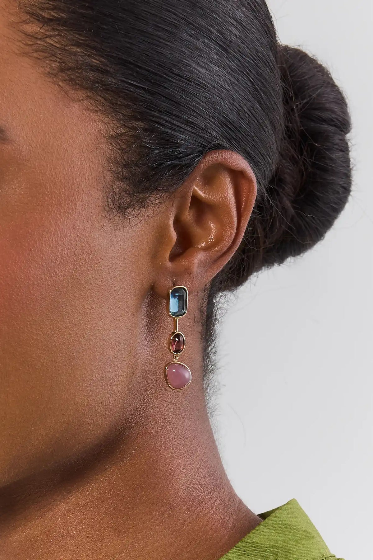 Blue Multi Stone Drop Earrings Styled On Model - Close-Up Ear Detail | Avara
