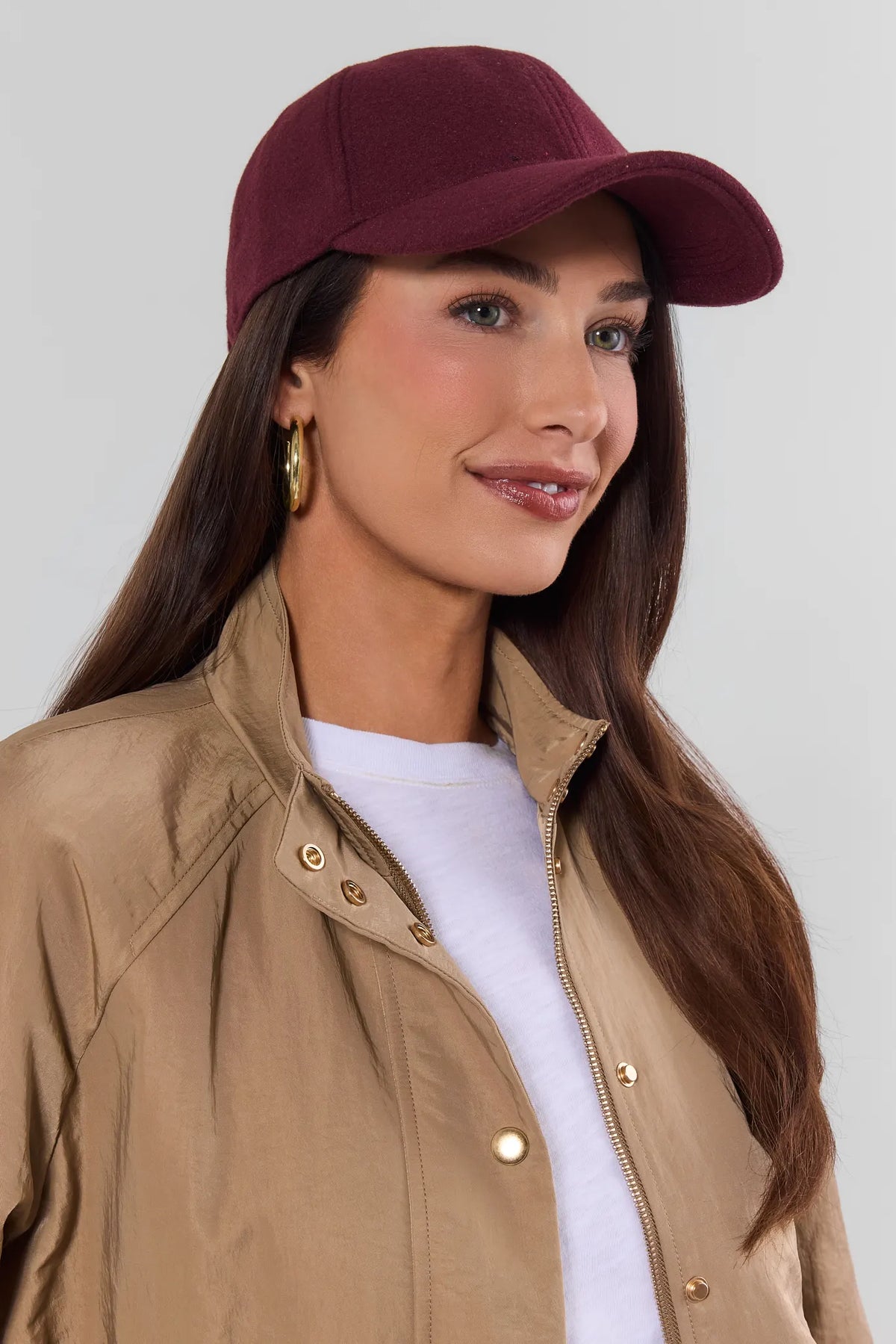Burgundy Faux Wool Baseball Cap - On Model Side View, Women's Fall Hat | Avara