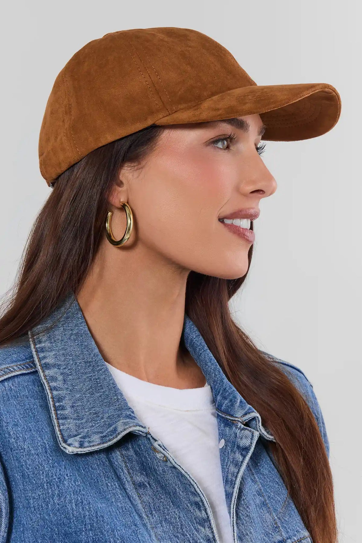 Camel Faux Suede Baseball Cap On Model with Denim Jacket - Side Profile | Avara