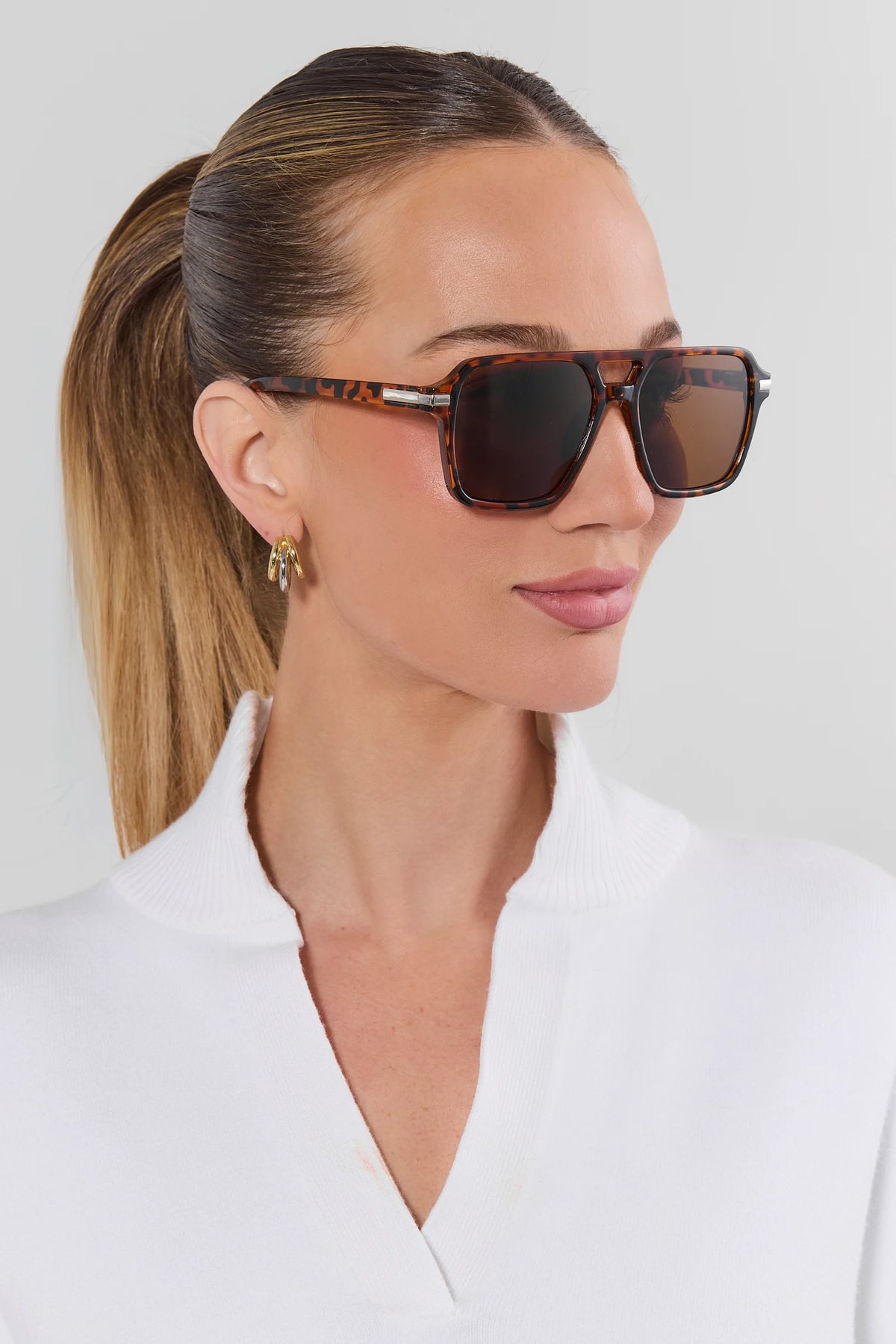 Tortoise Square Aviator Sunglasses On Model Side Profile - Women's Accessory | Avara