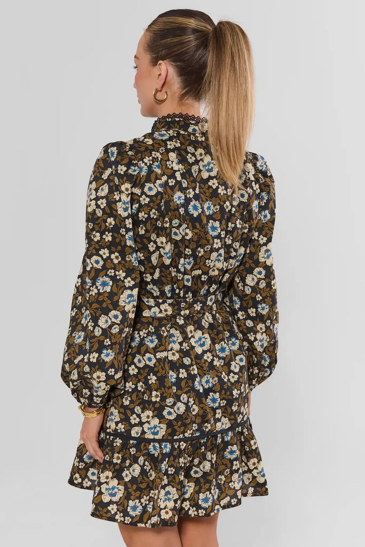 Olive Floral Lace Trim Short Dress - Back View On Model | Avara