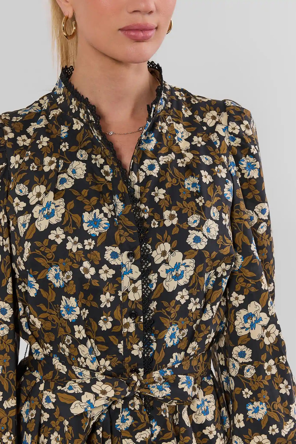 Olive Floral Print Dress Lace Neckline Close-Up Detail | Avara