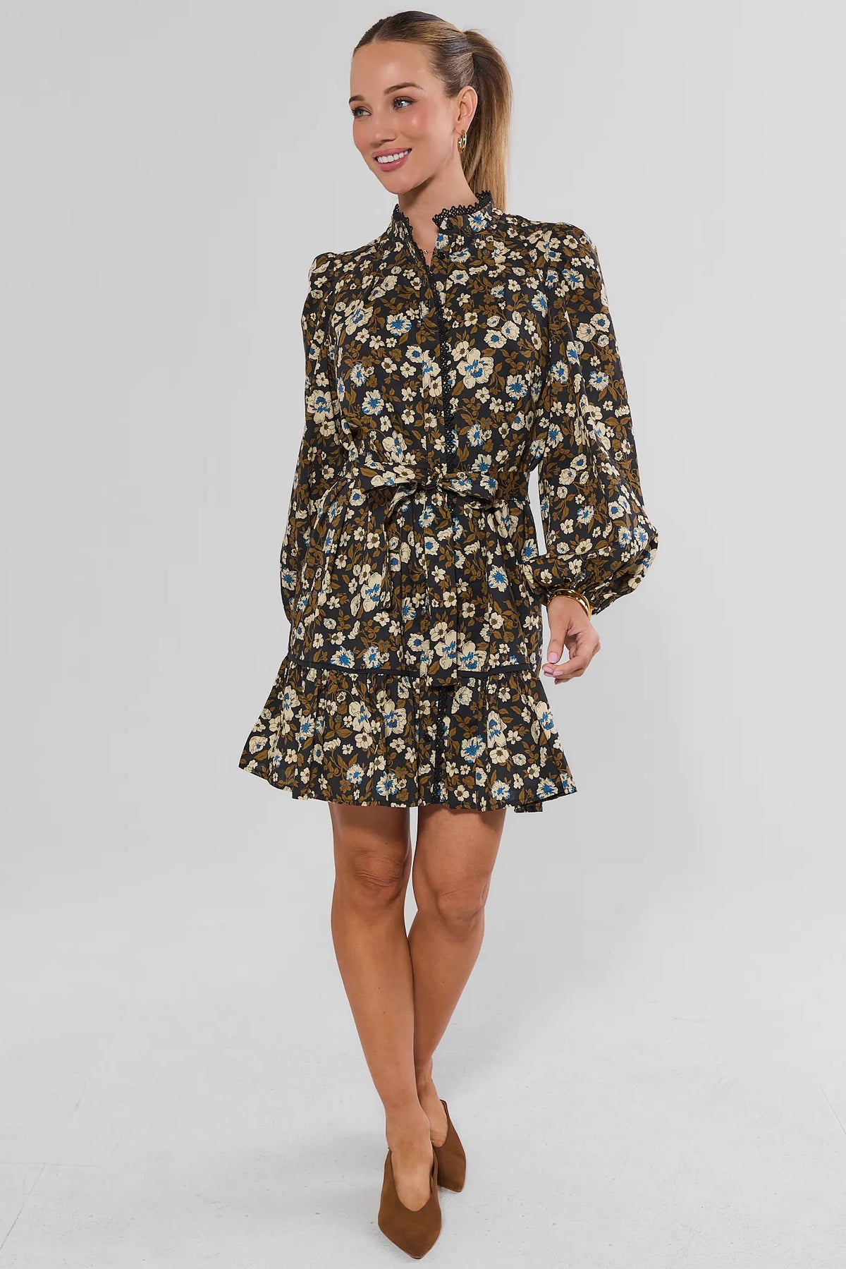 Olive Floral Lace Trim Short Dress - Side View Full Length On Model | Avara
