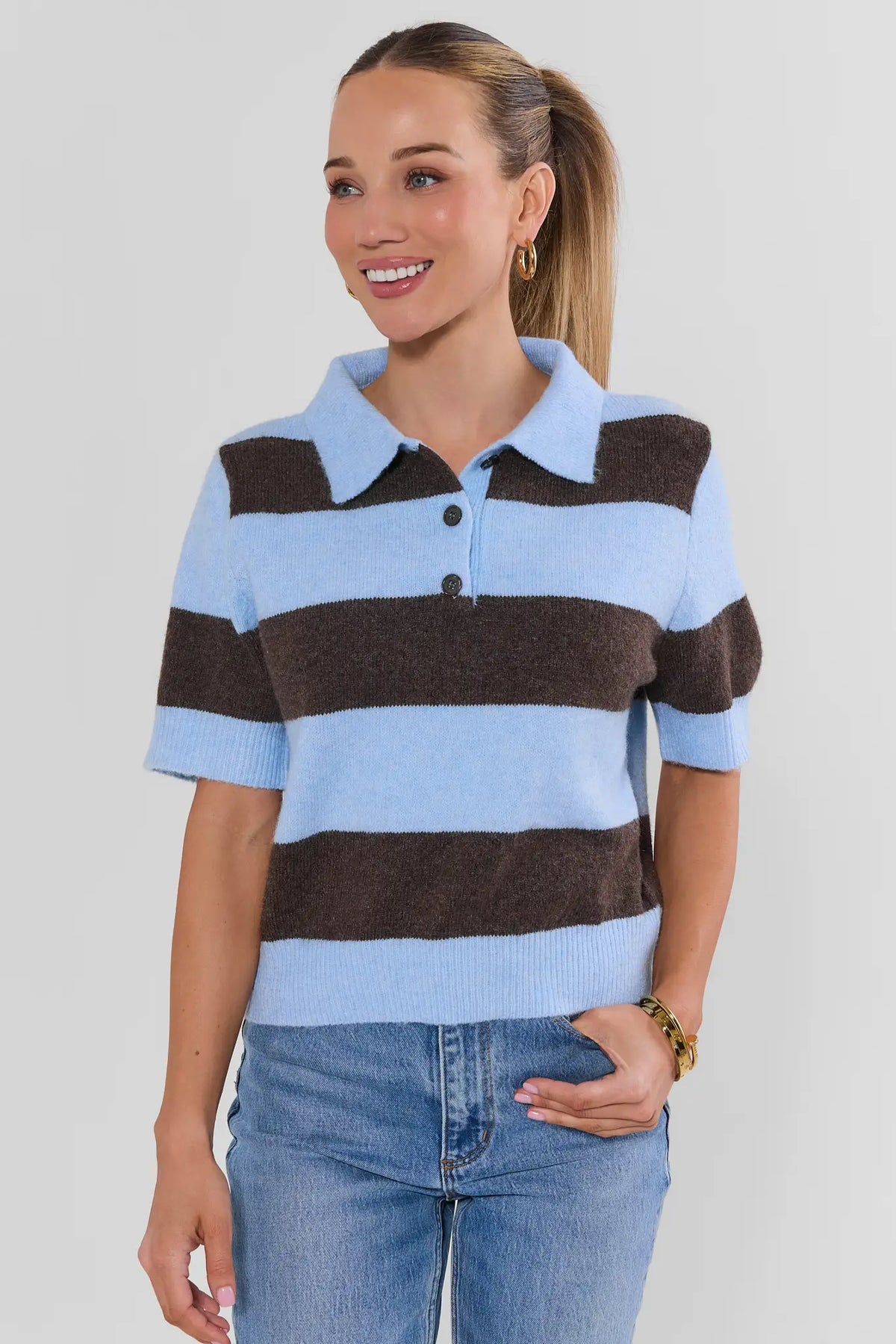 Blue Brown Striped Knit Polo Top - Front View On Model | Avara