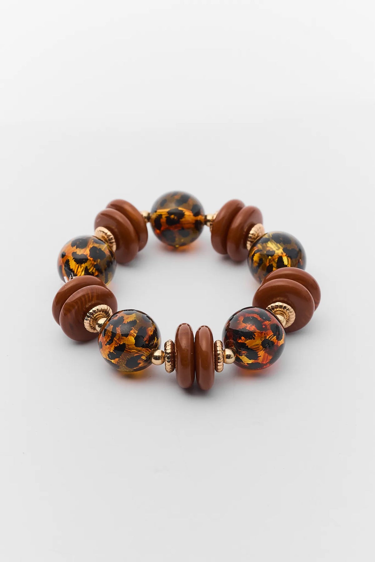Tortoise Leopard Print Beaded Resin Bracelet - Flat Lay Detail | Avara