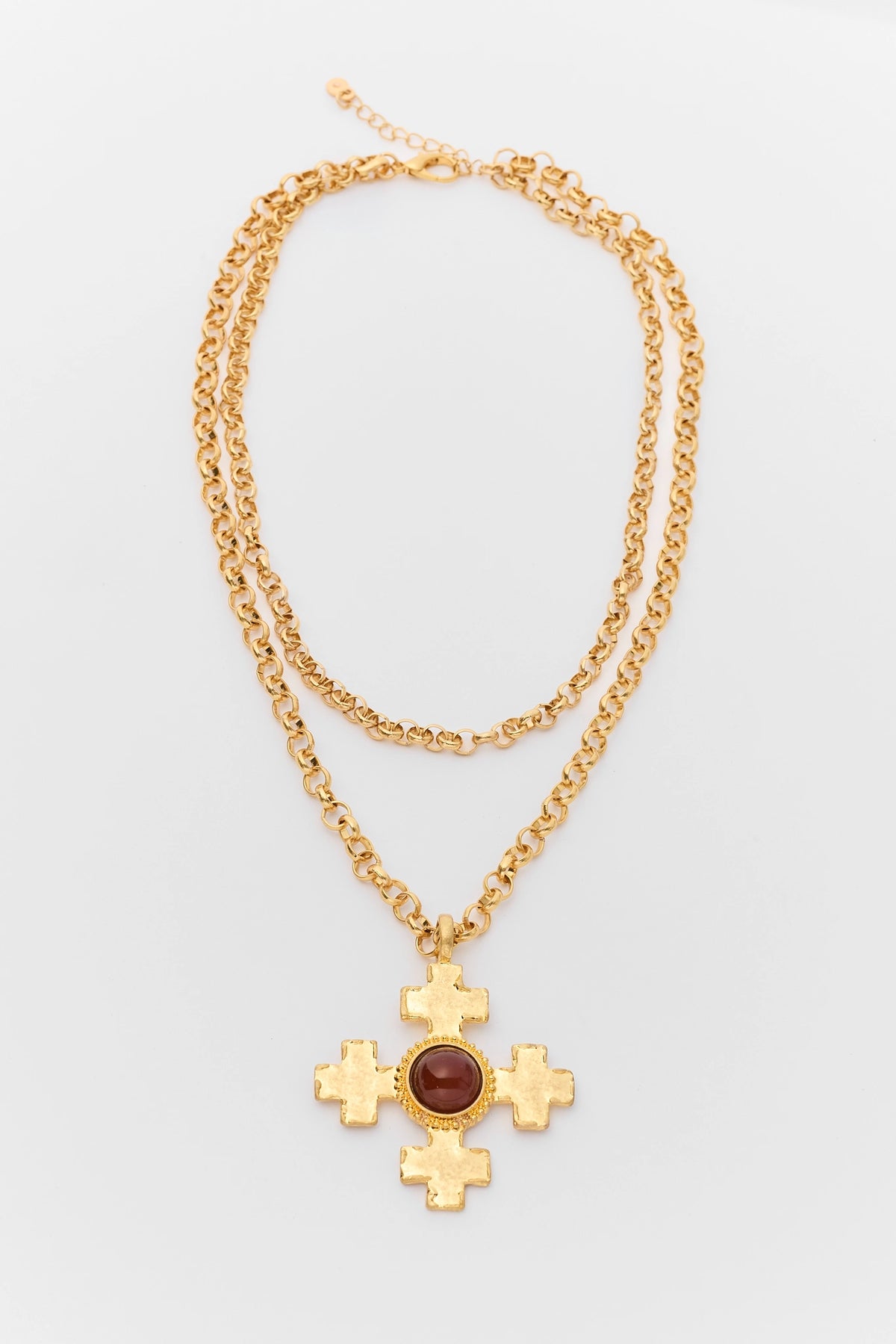 Gold Layered Cross Pendant Necklace with amber stone - Flat Lay | Avara