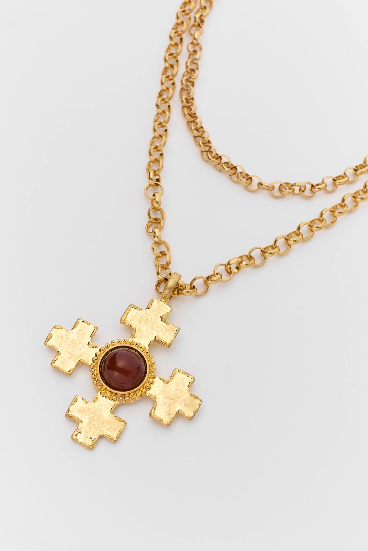 Gold cross pendant necklace with amber stone cabochon - Close-Up Detail | Avara