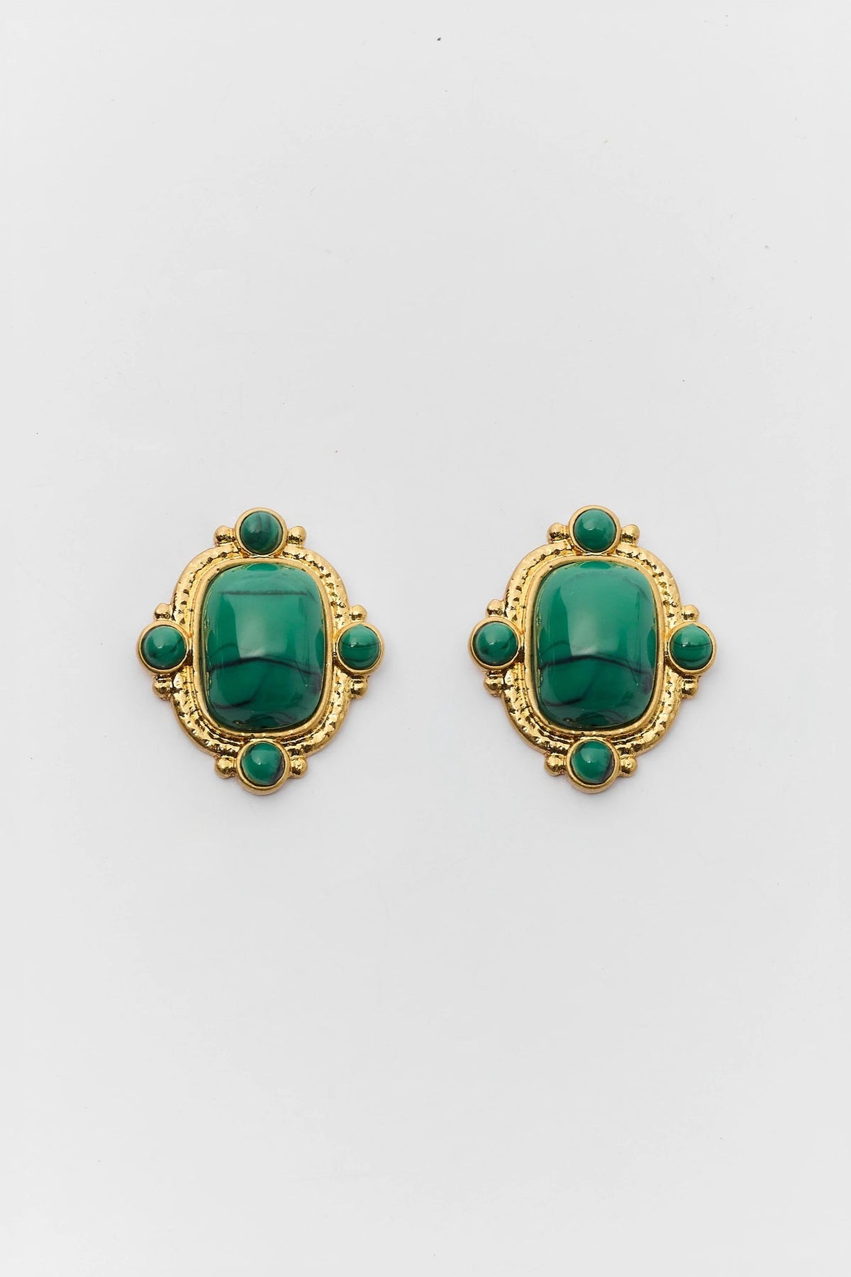 Green Marbled Stud Earrings with Gold-Tone Hardware - Flat Lay Pair | Avara