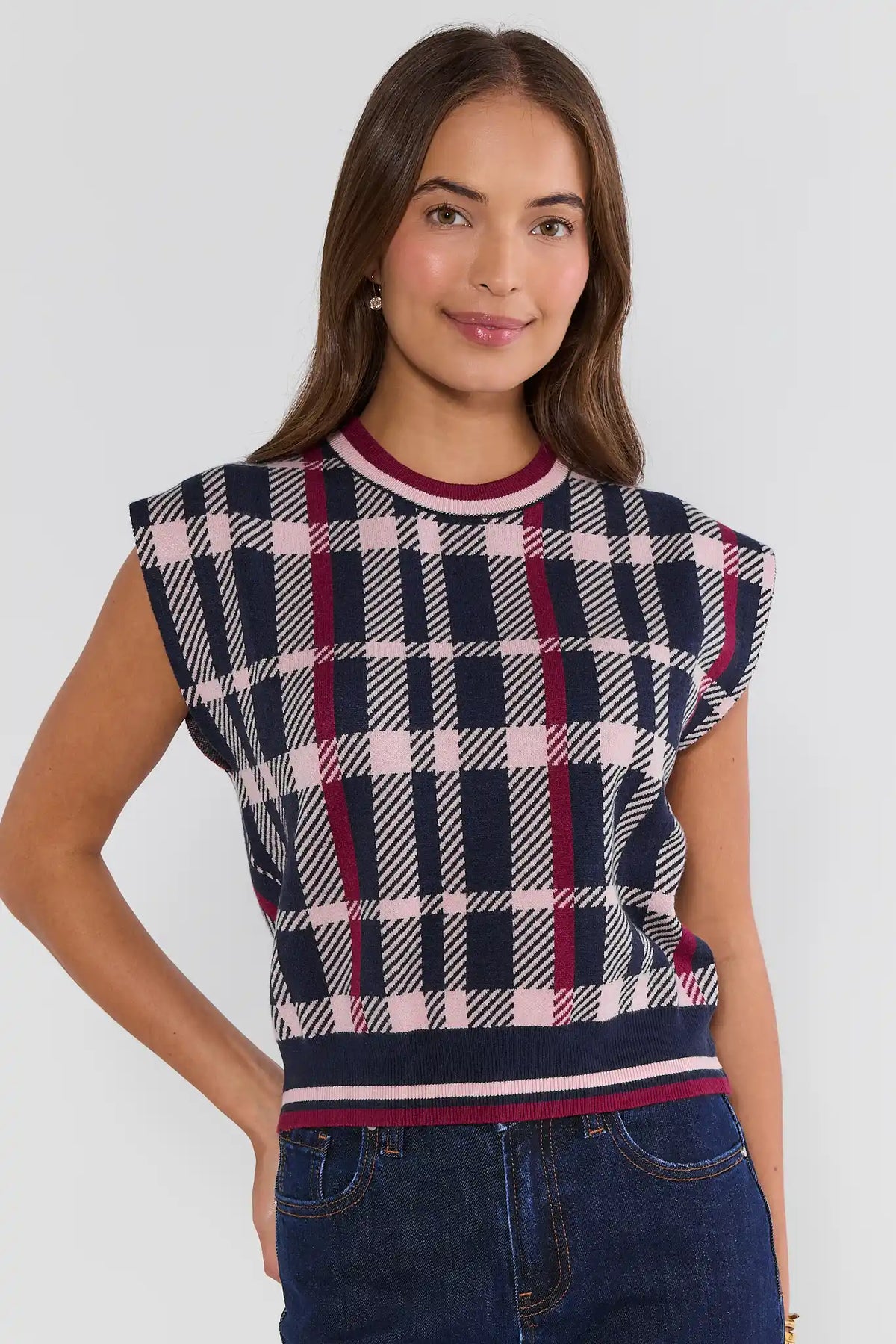 Navy Plaid Contrast Trim Knit Sweater Top - Front View On Model | Avara