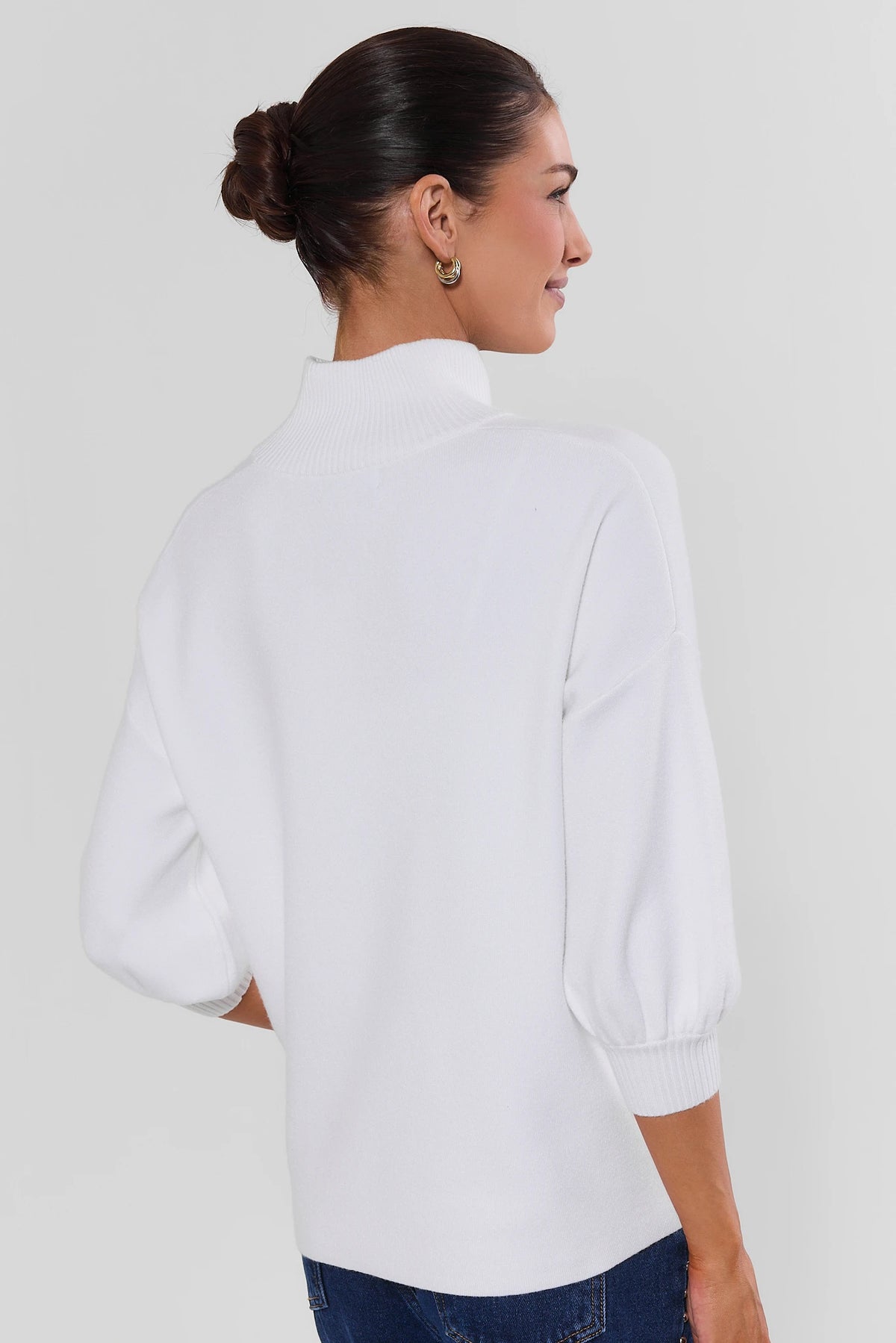 Gwyneth Cream Knit Sweater - Back View Showing Stand Collar and Blouson Sleeve Detail | Avara