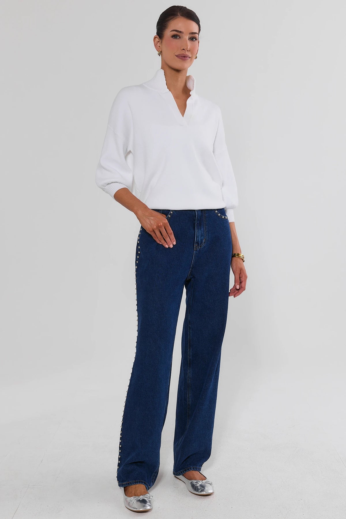 Gwyneth Cream Knit Sweater - Full-Length Front View, 3/4 Blouson Sleeves with Studded Jeans | Avara