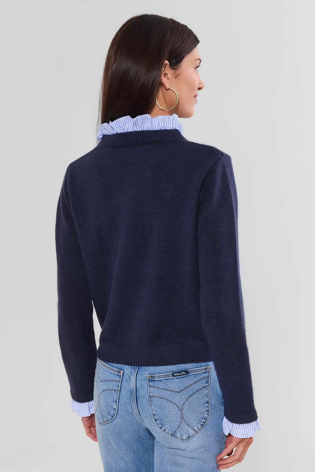 Navy Knit Cardigan with Striped Ruffle Cuffs and Collar - Back View On Model | Avara