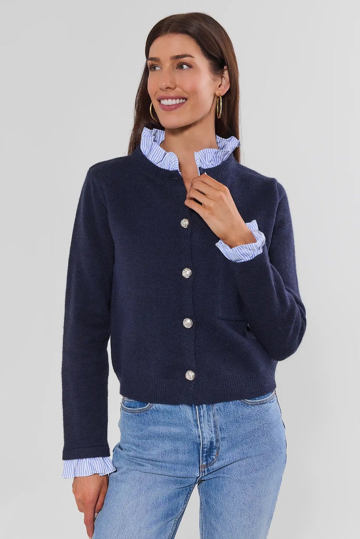 Navy Knit Button-Up Cardigan with Striped Ruffle Trim - Front View On Model | Avara