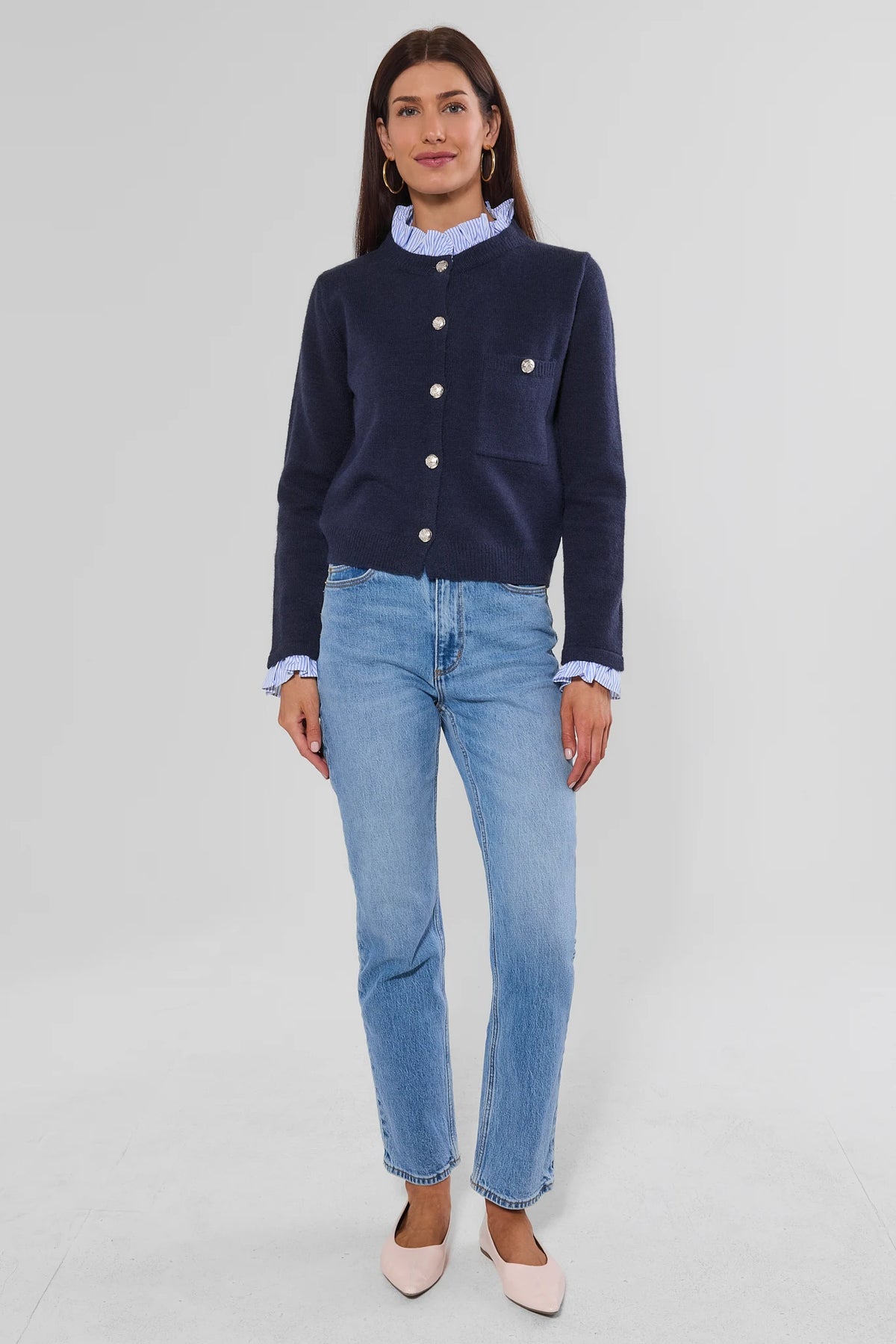 Navy Button-Up Cardigan Styled with Light Wash Jeans - Full Length Front View | Avara