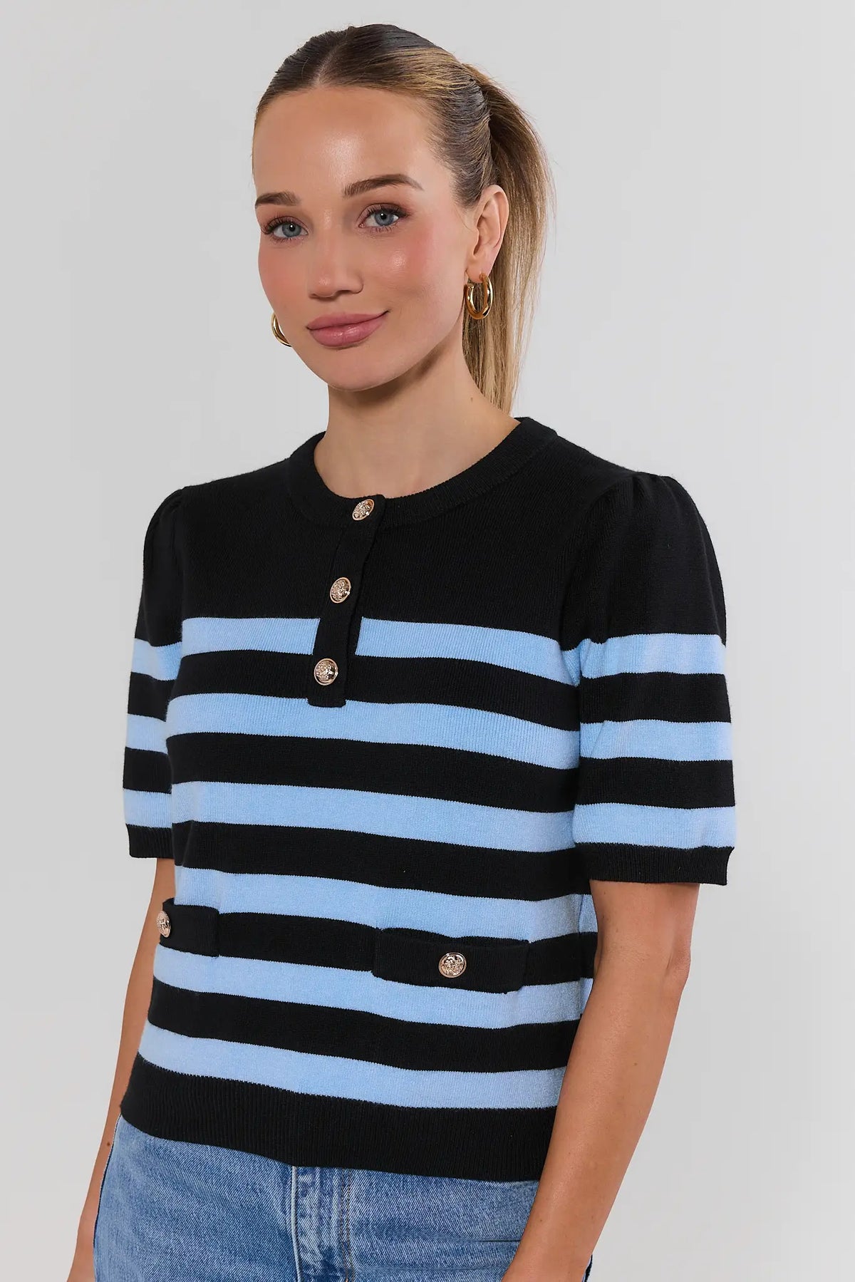 Navy Striped Knit Top with Puff Sleeves - Three-Quarter View on Model | Avara