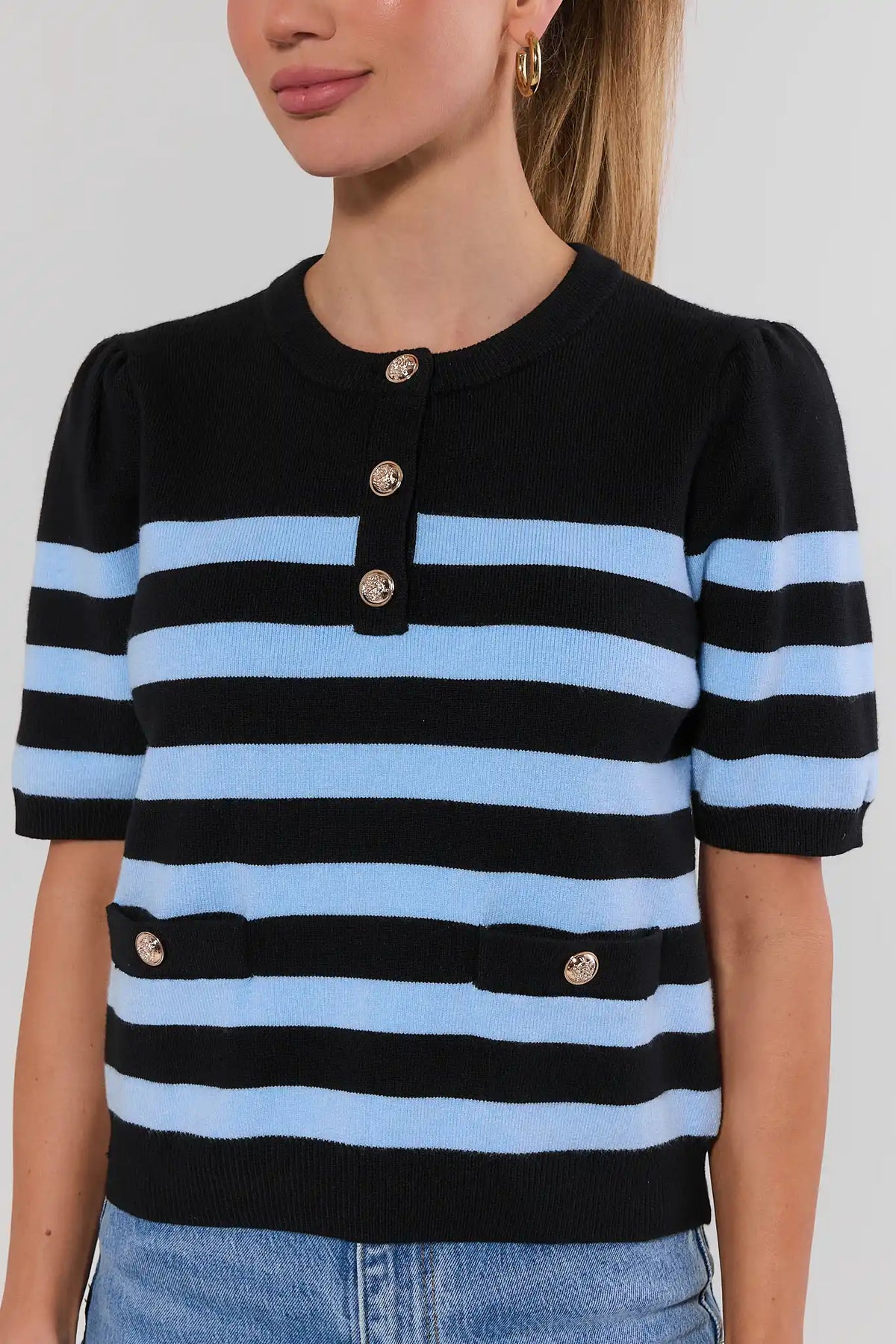 Navy Blue Striped Knit Top - Gold Button & Pocket Close-Up Detail | Avara