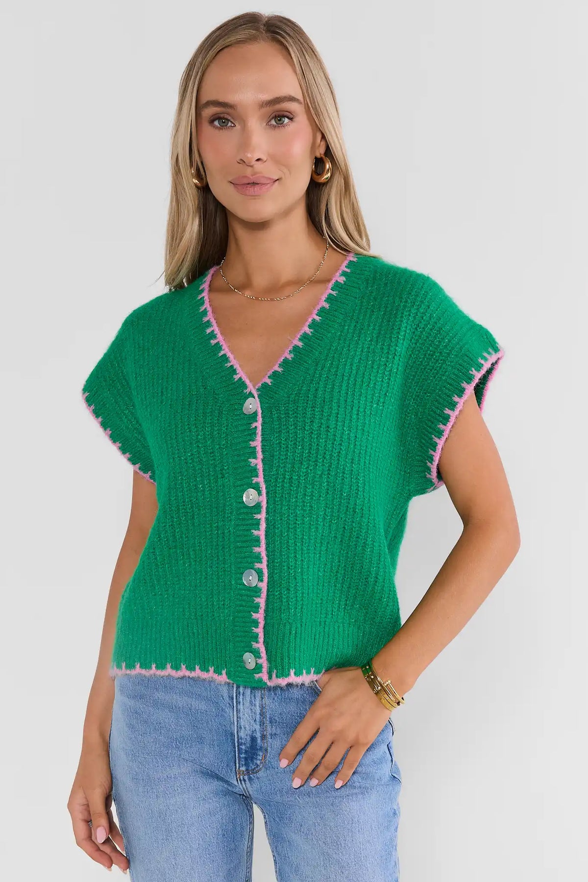 Green Knit Button-Up Sweater Vest with Pink Whipstitch Trim - Front View | Avara