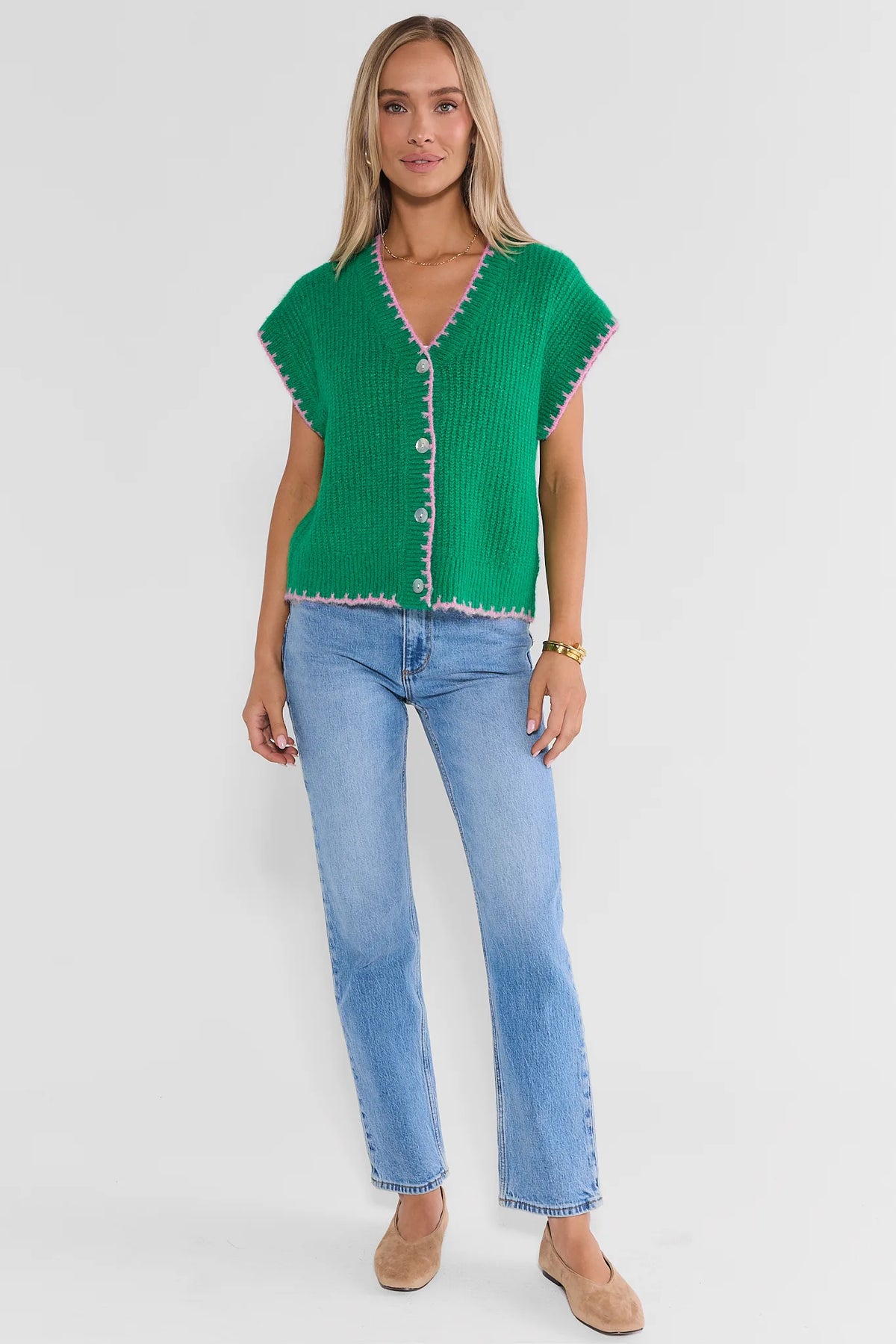 Green Knit Sweater Vest Styled with Light Wash Jeans - Full Length Front View | Avara
