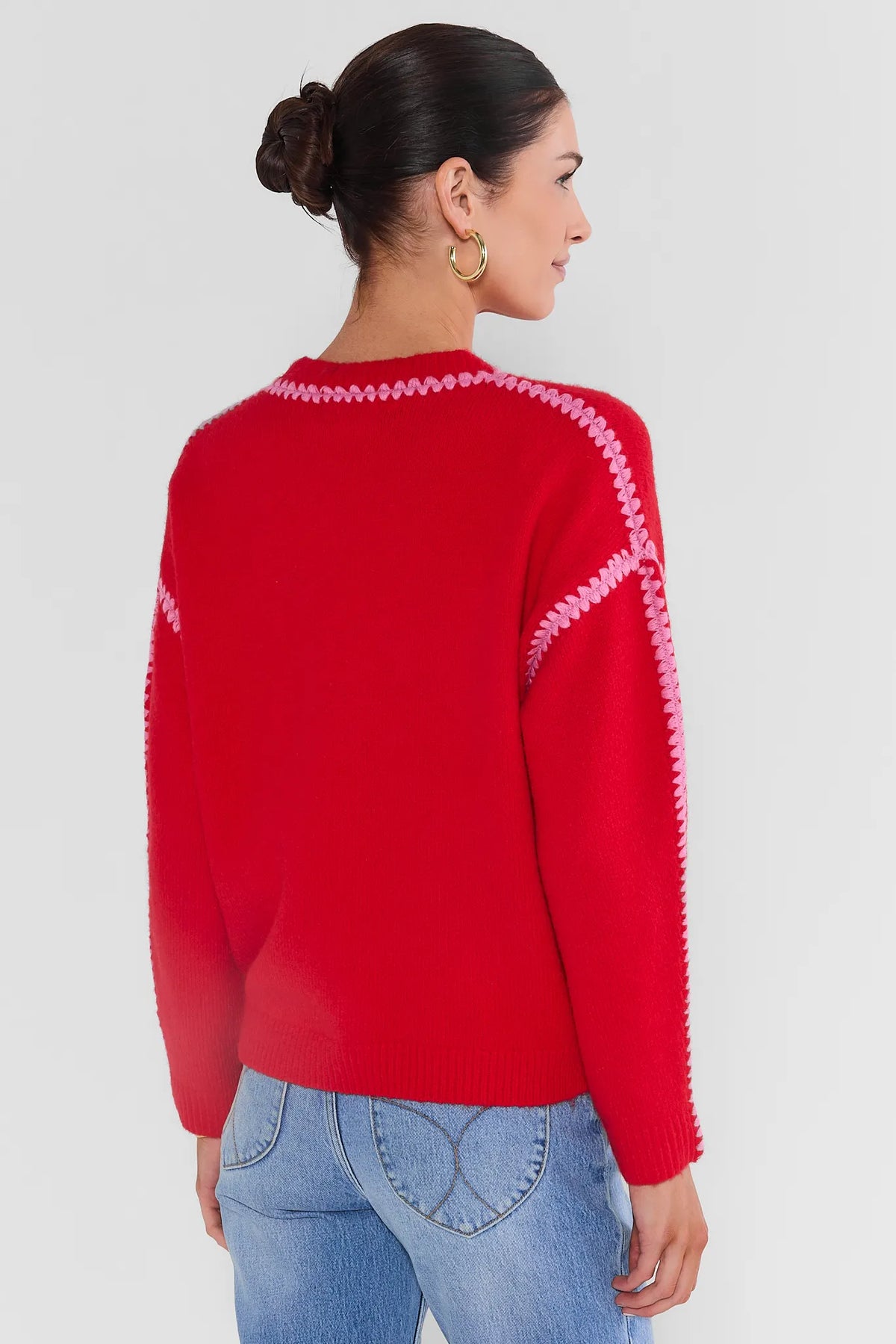 Red Stitched Trim Sweater - Back View with Pink Trim Detail, On Model | Avara