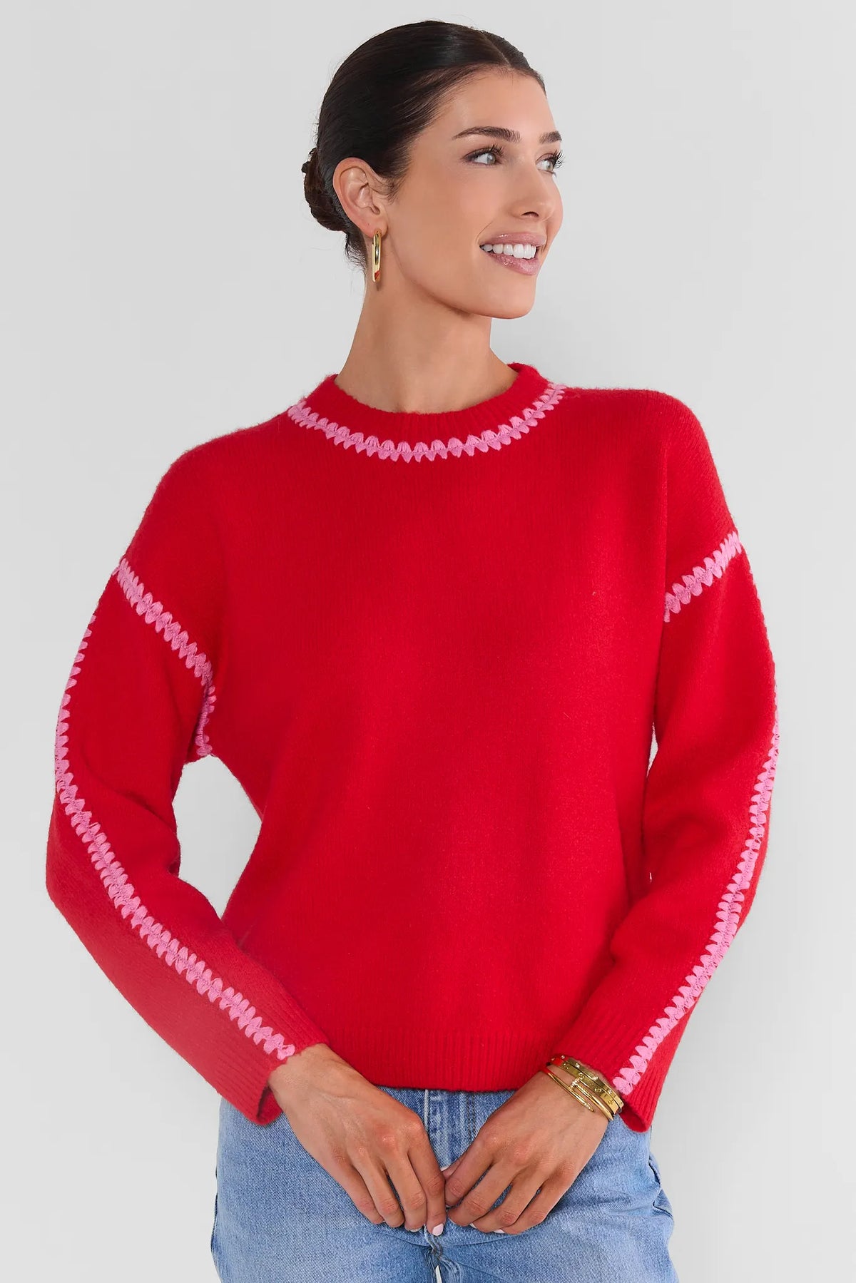 Red Stitched Trim Sweater - On Model Front View, Styled with Jeans | Avara